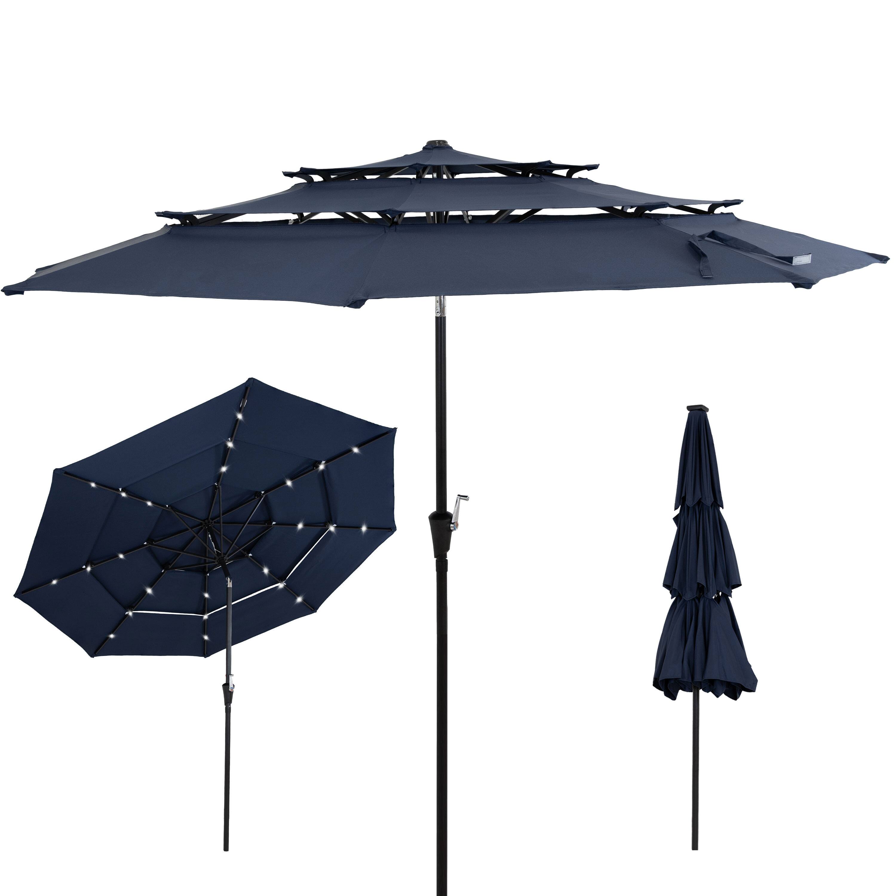 Front. Sunnydaze - 3-Tier Outdoor Solar Patio Umbrella with Tilt and Crank - Navy Blue.
