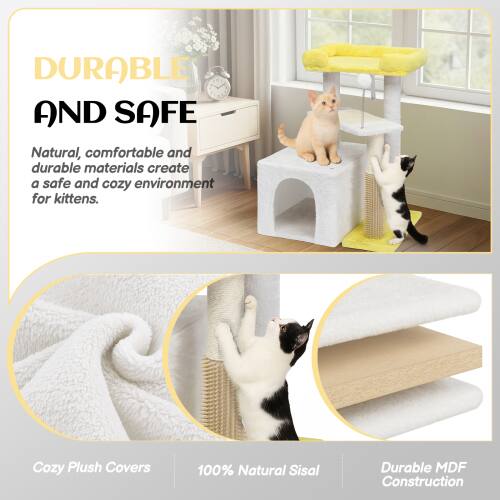 DURABLE AND SAFE

Natural, comfortable and durable materials create a safe and cozy environment for kittens.

Cozy Plush Covers  
100% Natural Sisal  
Durable MDF Construction