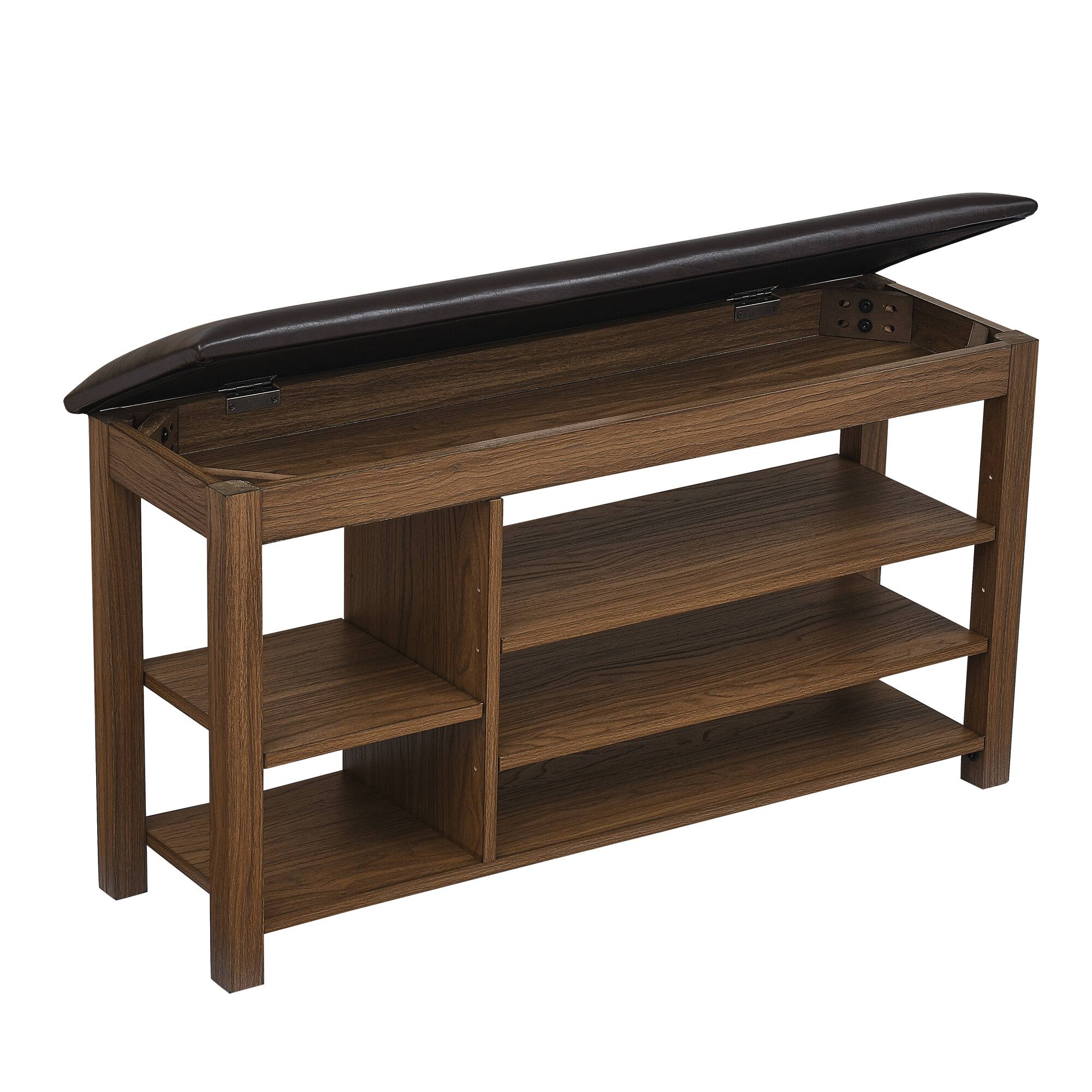 Angle. Whisen - Height-Adjustable Shoe Storage Bench with Hidden Compartment, Long Entryway Bench with Cushion - Brown.