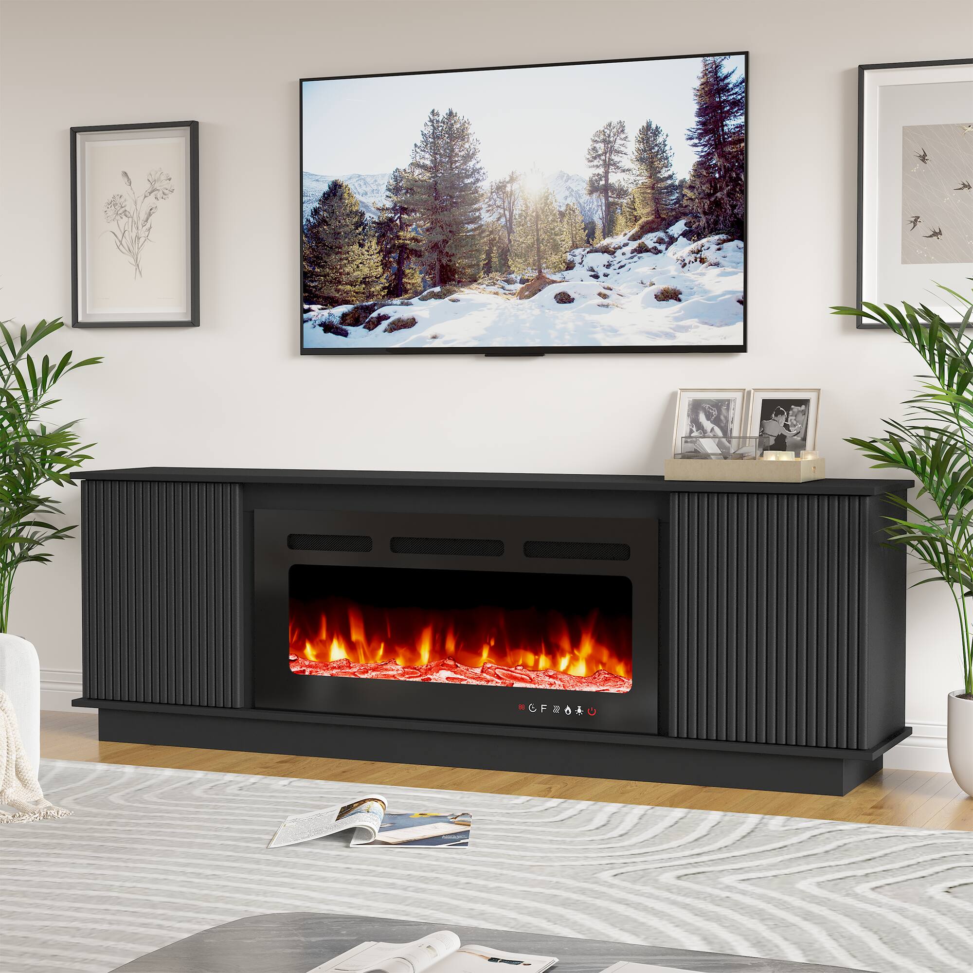 Left. U-HOMY - 70" Fireplace TV Stand with 36" Electric Fireplace, Fluted Media Console for TVs up to 80", Black - Black.