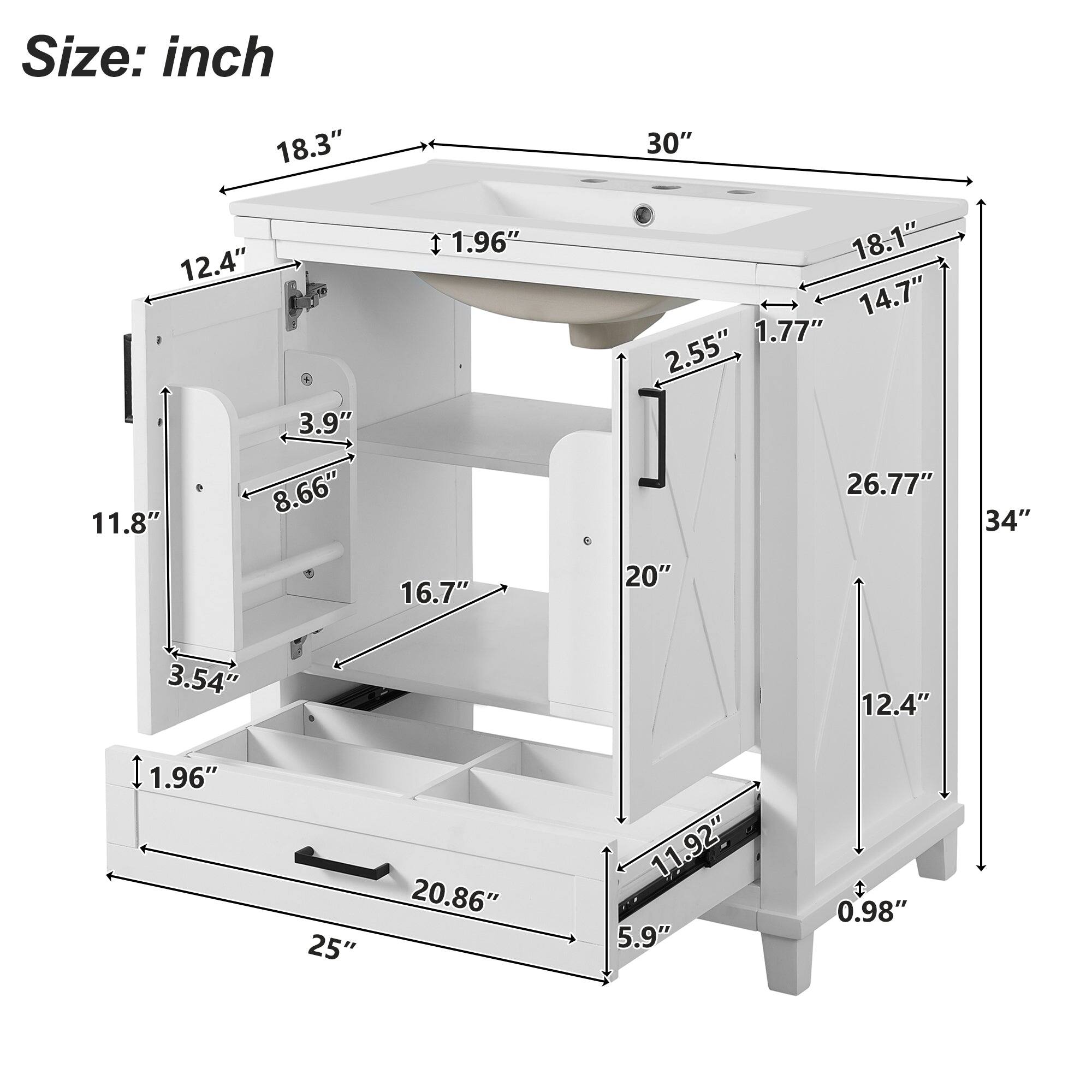 Size: inch

- 30"
- 18.3"
- 12.4"
- 11.8"
- 3.9"
- 8.66"
- 1.96"
- 18.1"
- 14.7"
- 1.77"
- 2.55"
- 26.77"
- 34"
- 16.7"
- 20"
- 3.54"
- 12.4"
- 1.96"
- 25"
- 20.86"
- 11.92"
- 5.9"
- 0.98"