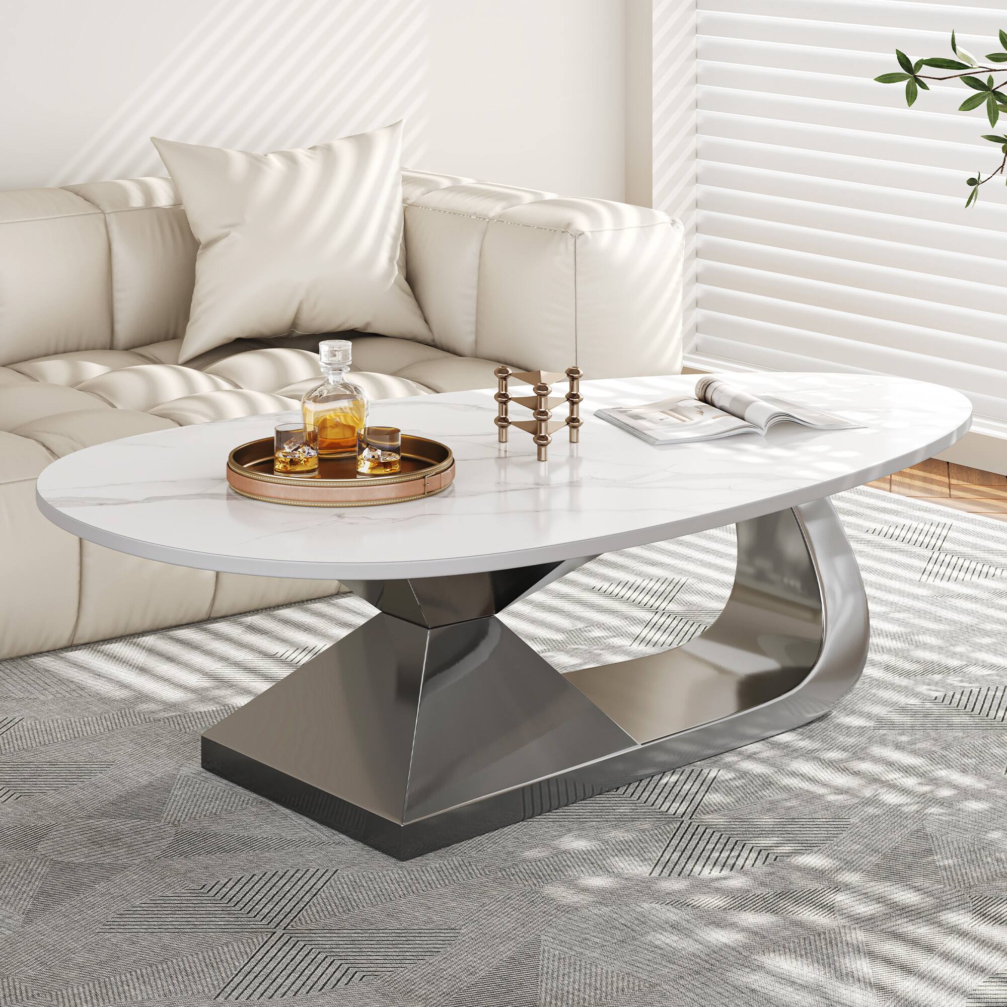 Front. Tiramisubest - Modern Sintered Stone Tabletop Coffee Table with Stainless Steel Base - Elegant and Durable Living Room Centerpiece - Dark Gray,White.