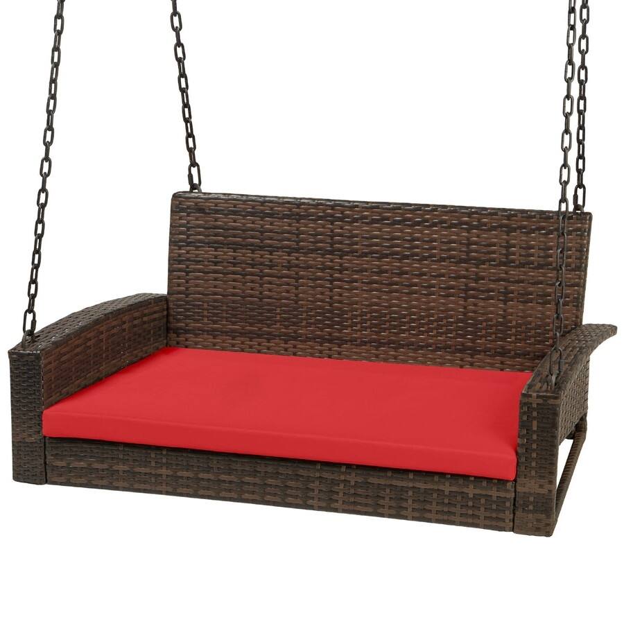 Angle. Hivvago - Brown Wicker Hanging Patio Porch Swing Bench w/ Mounting Chains and Red Seat Cushion - Brown, Red.