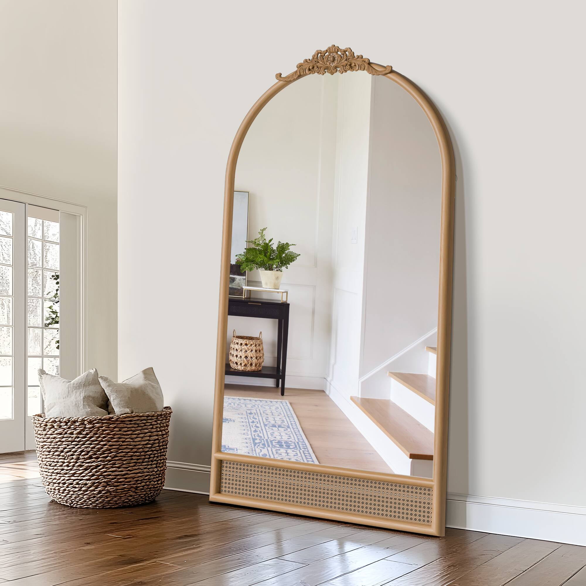 Alt View 1. PexFix - 71"x37" Arched Full Length Mirror with Carved Top Natural Wood Frame with Rattan Accent Standing/Hanging Wall Mirror - Brown.