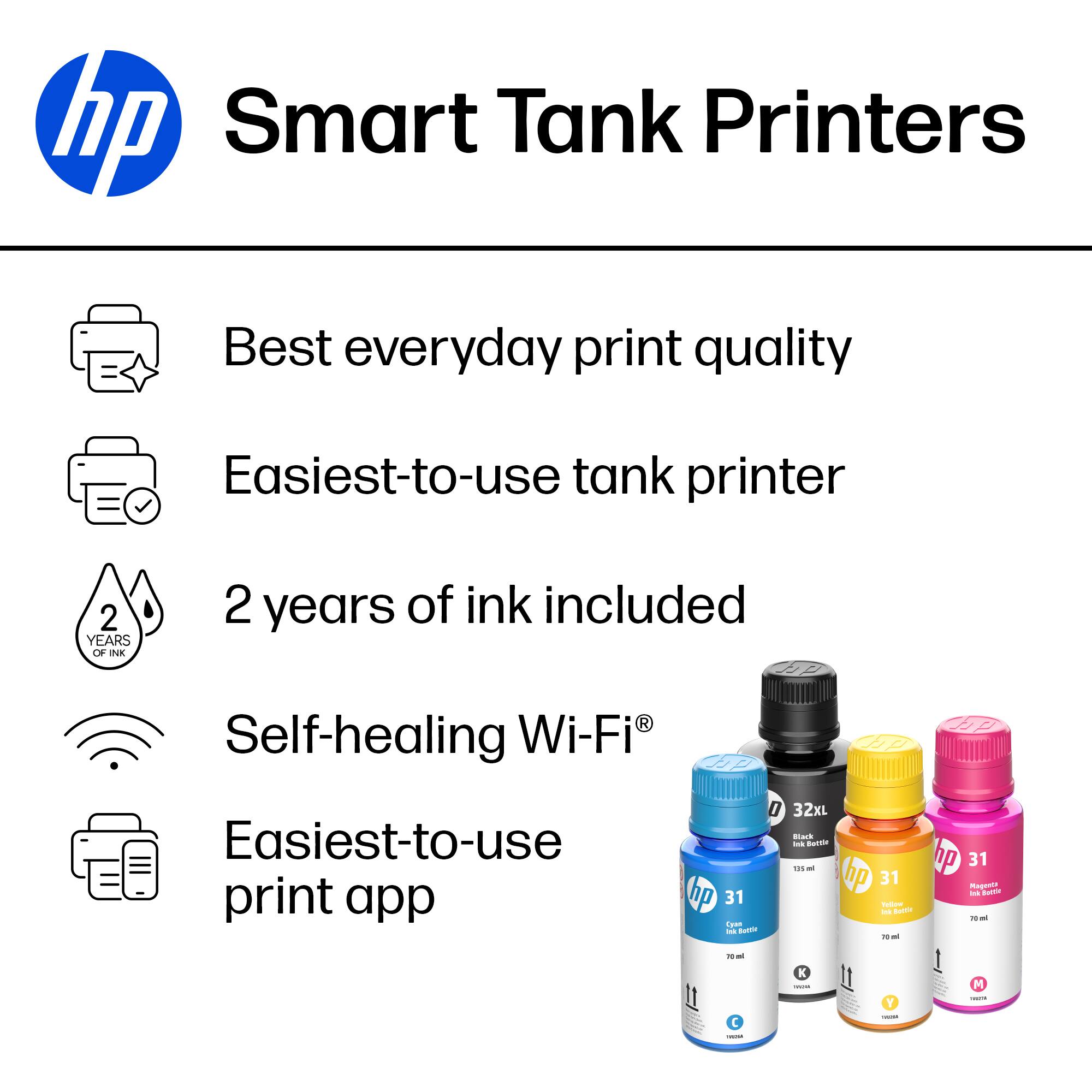 hp Smart Tank Printers

- Best everyday print quality
- Easiest-to-use tank printer
- 2 years of ink included
- Self-healing Wi-Fi®
- Easiest-to-use print app

hp 31 Cyan Bottle  
hp 31 Magenta Bottle  
hp 31 Yellow Bottle  
hp 32XL Black Ink Bottle