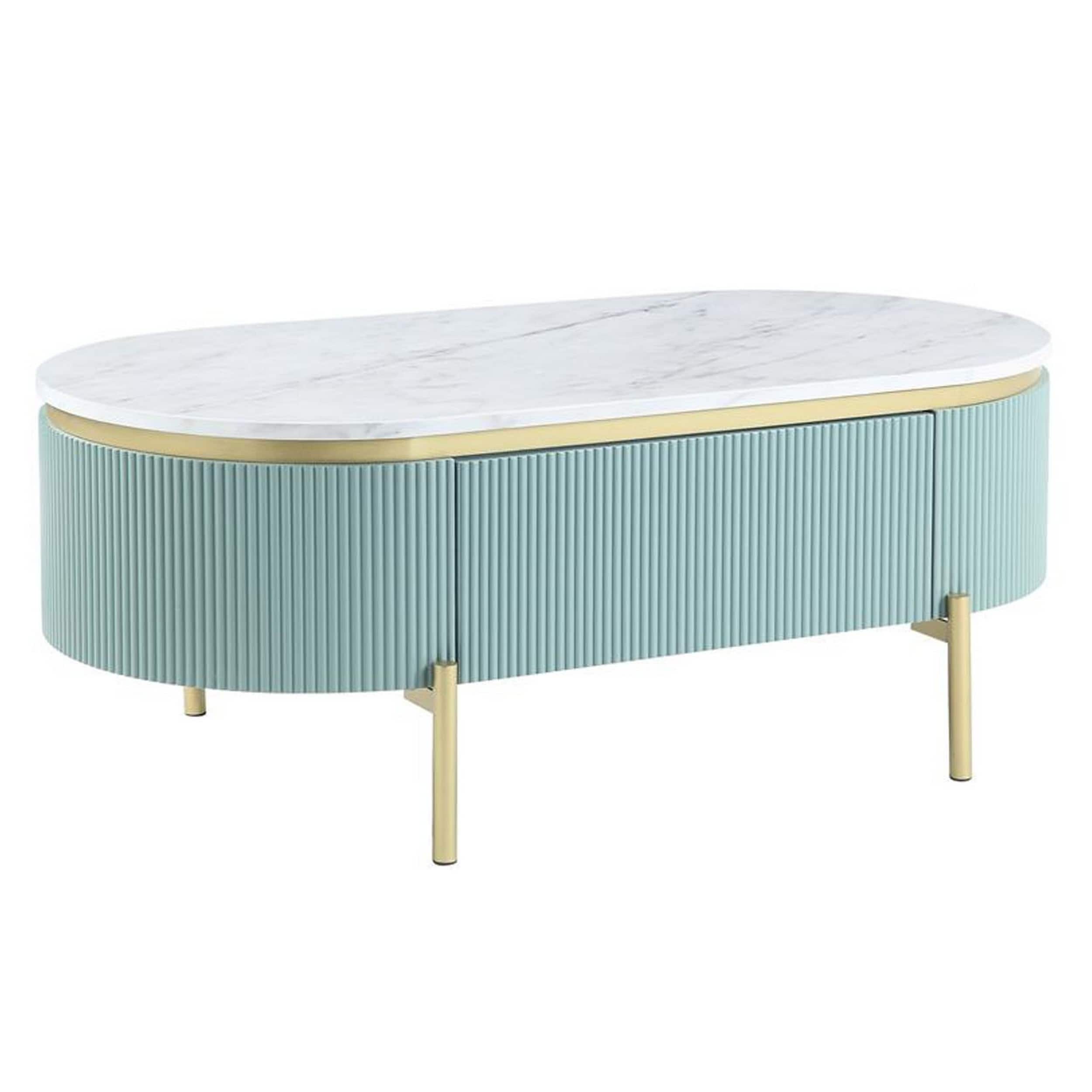Manhattan Lane - Ville 48 Inch Oblong Coffee Table, White Faux Marble Top, Teal Reeded Edges - White, Teal, Gold