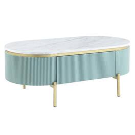 Manhattan Lane - Ville 48 Inch Oblong Coffee Table, White Faux Marble Top, Teal Reeded Edges - White, Teal, Gold