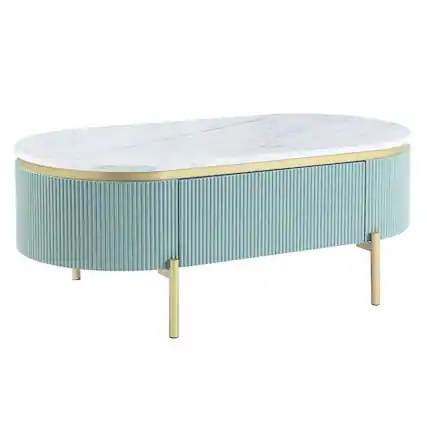 Front. Manhattan Lane - Ville 48 Inch Oblong Coffee Table, White Faux Marble Top, Teal Reeded Edges - White, Teal, Gold.