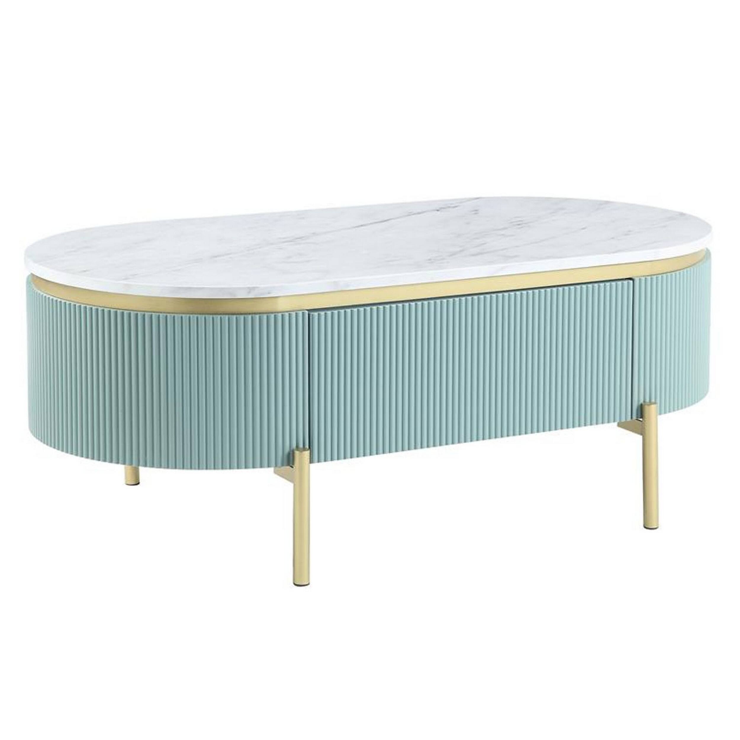 Front. Manhattan Lane - Ville 48 Inch Oblong Coffee Table, White Faux Marble Top, Teal Reeded Edges - White, Teal, Gold.