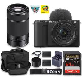 Bundle - Sony - ZV-E10 Camera with 16-50mm & 55-210mm Lenses, Battery, 64GB Card & Case - Black