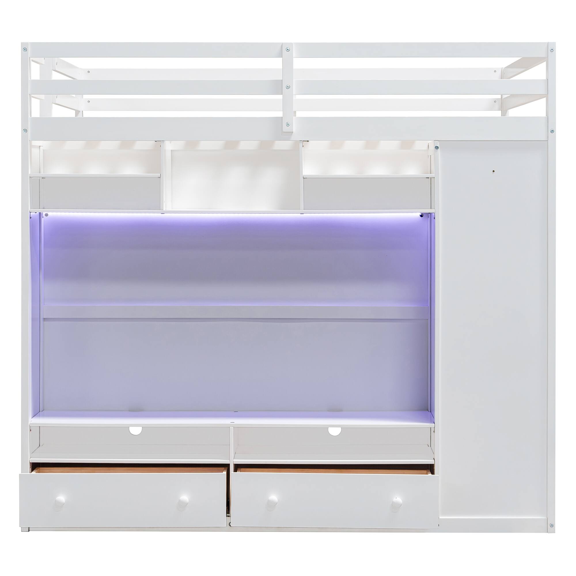 Alt View 2. Anysun - Full size Loft Bed with Drawers, Shelves and Light - White.
