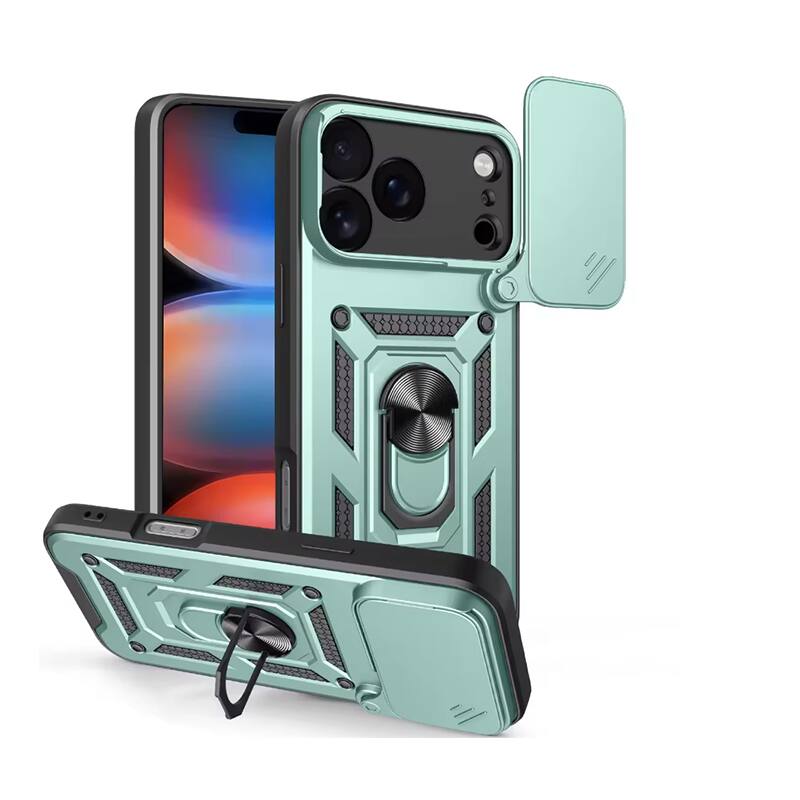 Gravity Ridge - for iPhone 17 Pro Max Phone Case Slide Camera Cover with Ring Stand, Heavy Duty Military Grade Shockproof Cover - Green