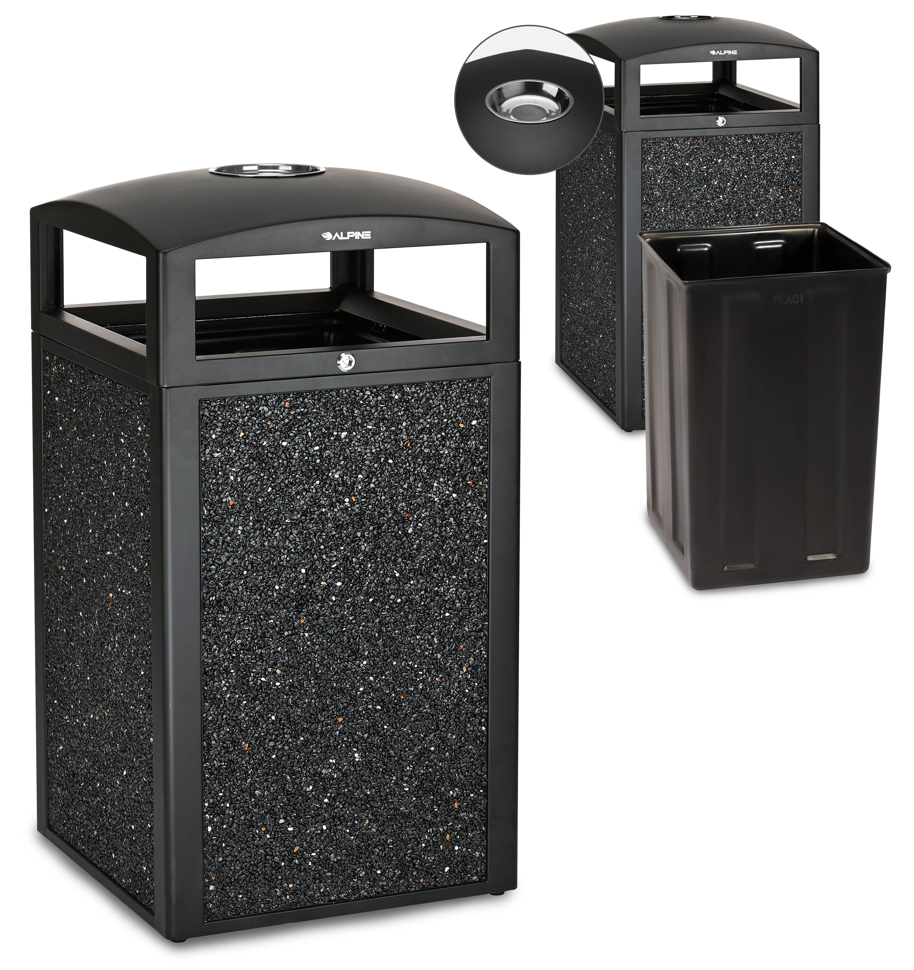 Alpine Industries - 40 Gallon Steel Outdoor Trash Can with Insert Liner and Dome Lid with Ashtray Urn - Gray