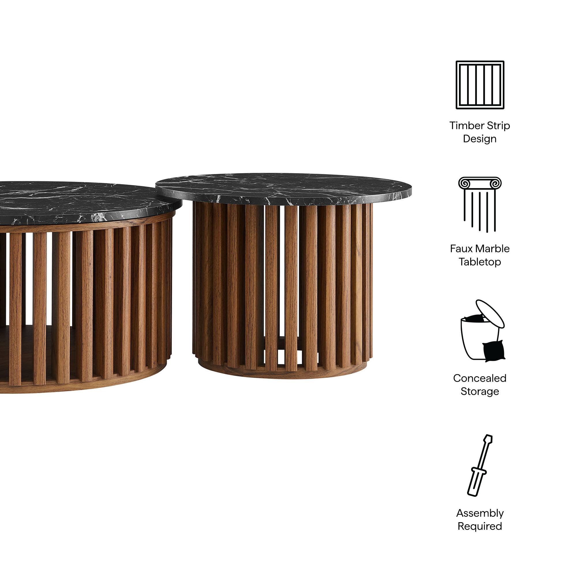 - Timber Strip Design
- Faux Marble Tabletop
- Concealed Storage
- Assembly Required