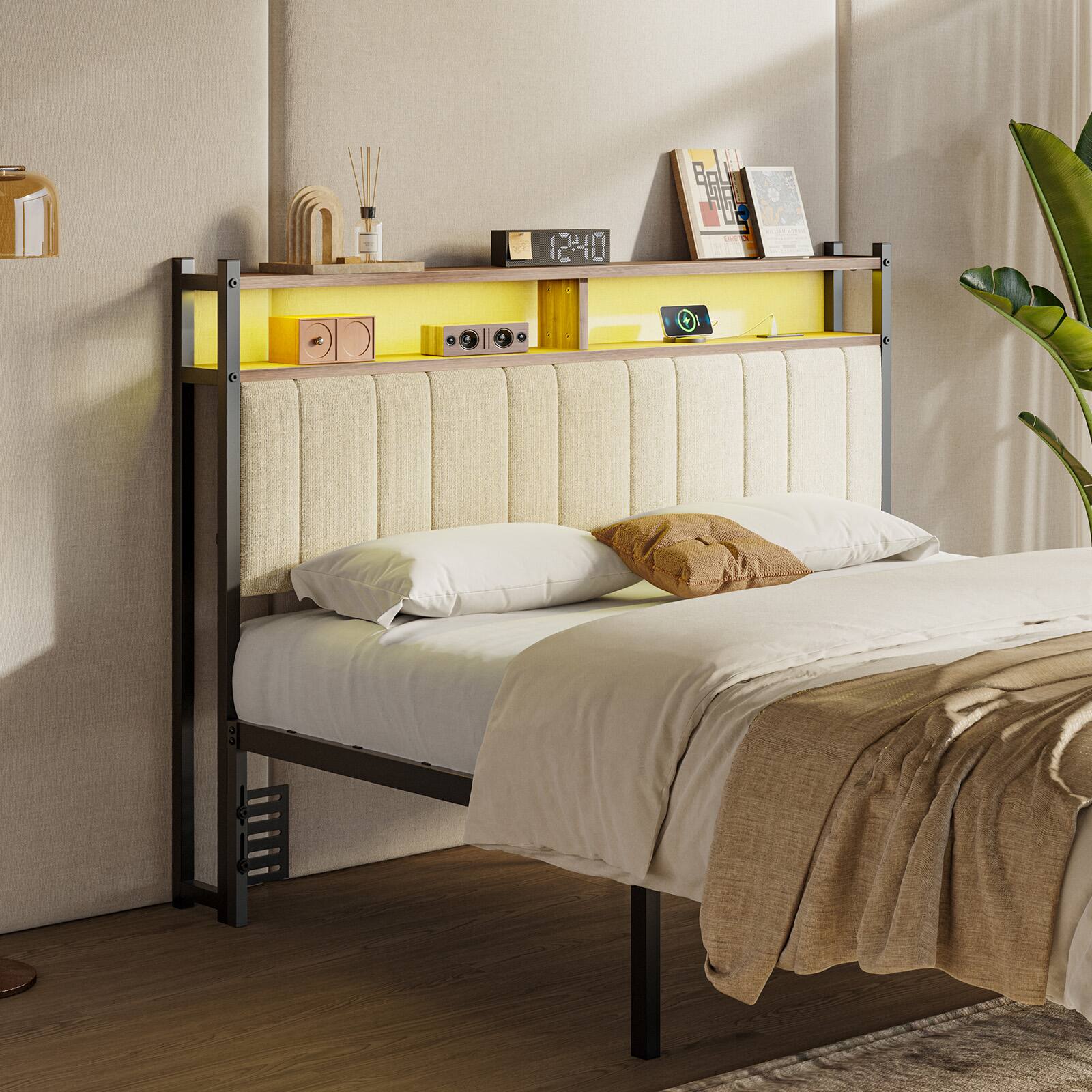 Left. Pinmoco - Pinmoco - Linen Upholstered Storage Headboard LED Headboard with Charging Station - Beige.