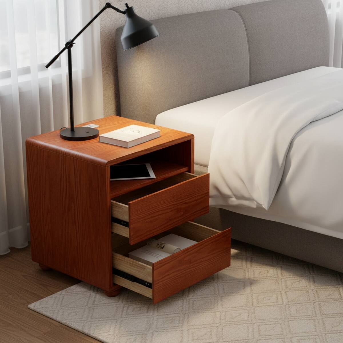 Angle. Loheer - Loheer Solid Wood Nightstand with Charging Station, Walnut, Two Drawers - Walnut.