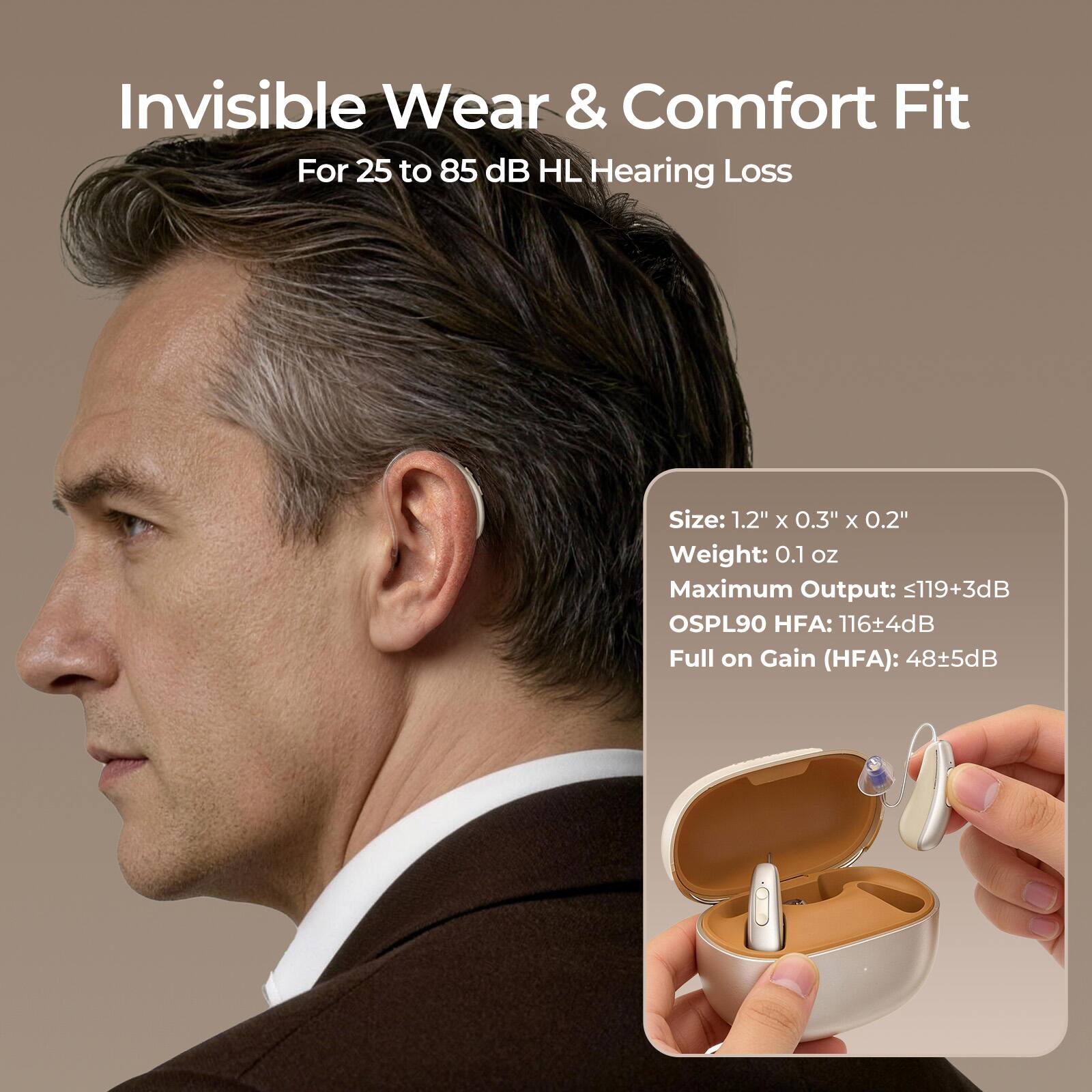 Invisible Wear & Comfort Fit  
For 25 to 85 dB HL Hearing Loss  

Size: 1.2" x 0.3" x 0.2"  
Weight: 0.1 oz  
Maximum Output: ≤119+3dB  
OSPL90 HFA: 116±4dB  
Full on Gain (HFA): 48±5dB