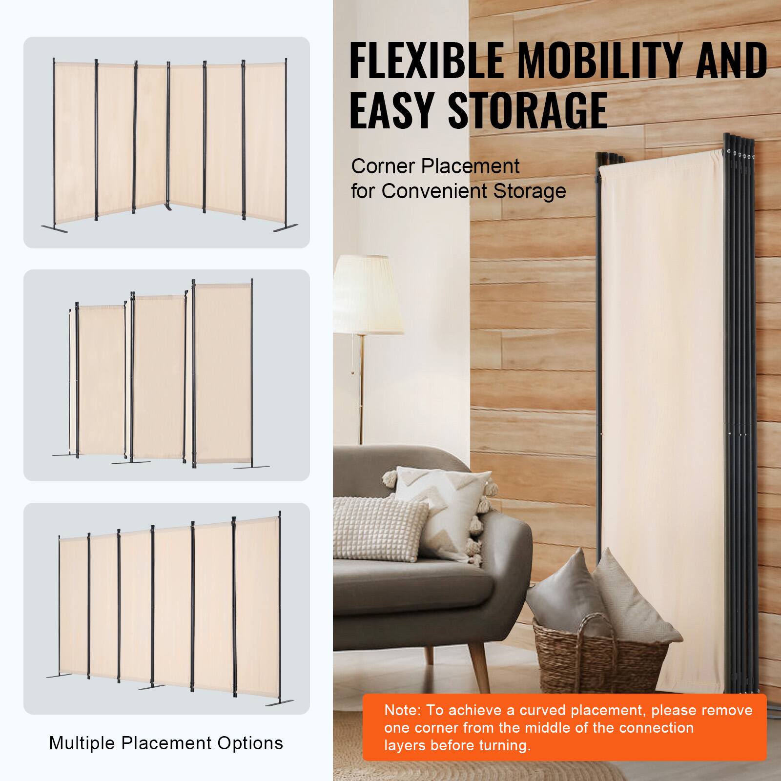 FLEXIBLE MOBILITY AND EASY STORAGE
Corner Placement for Convenient Storage
Multiple Placement Options
Note: To achieve a curved placement, please remove one corner from the middle of the connection layers before turning.