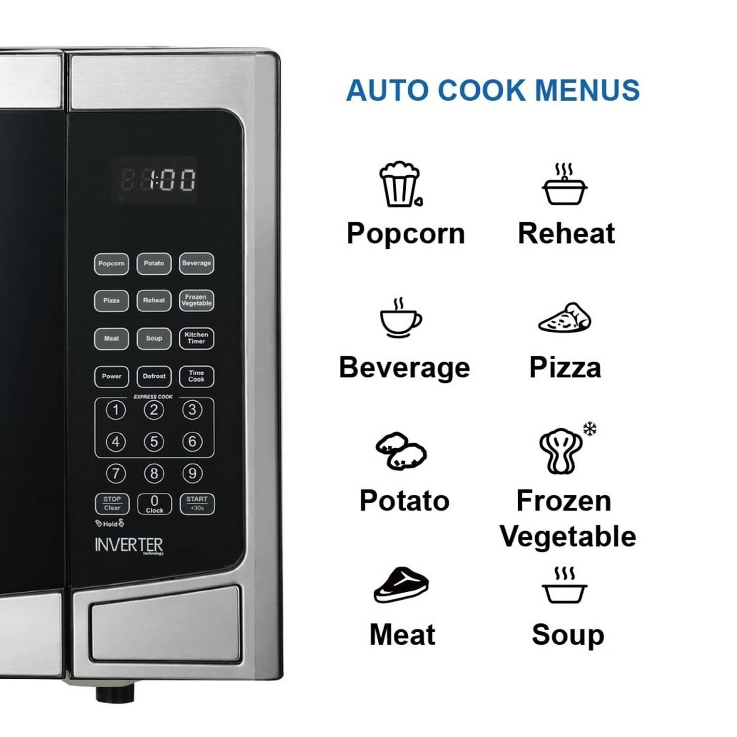 AUTO COOK MENUS

- Popcorn
- Reheat
- Beverage
- Pizza
- Potato
- Frozen Vegetable
- Meat
- Soup

Power
Defrost
Time Cook

EXPRESS COOK
1 2 3
4 5 6
7 8 9
STOP 0 START

Clear Clock
+30

INVERTER