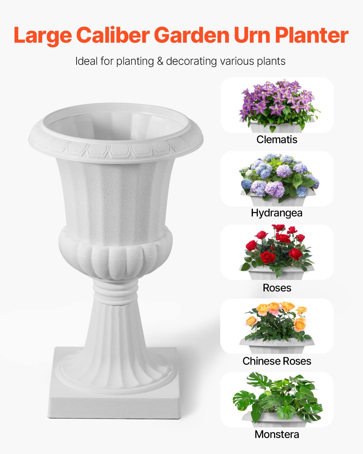 Large Caliber Garden Urn Planter  
Ideal for planting & decorating various plants  

- Clematis  
- Hydrangea  
- Roses  
- Chinese Roses  
- Monstera