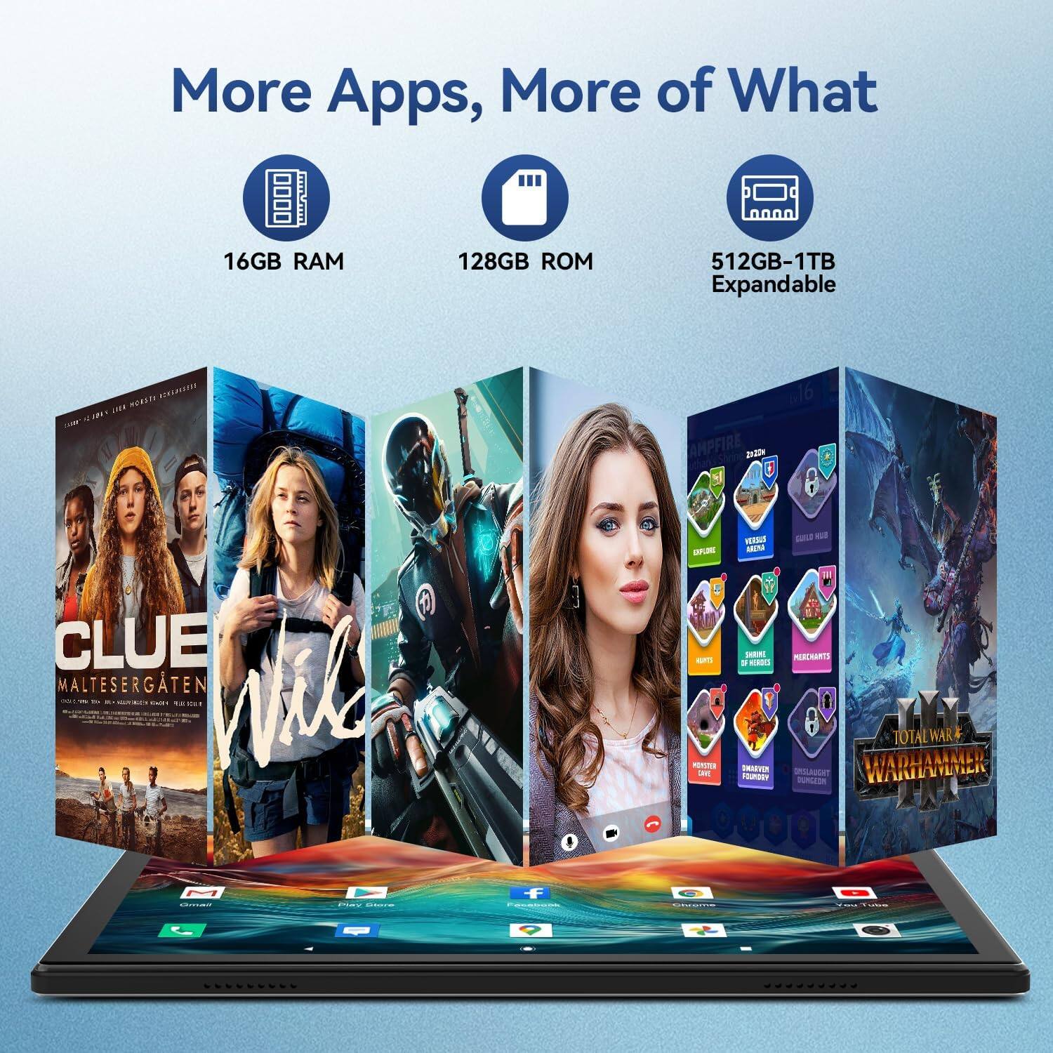 More Apps, More of What
16GB RAM
128GB ROM
512GB-1TB Expandable
CLUE MALTESERGATEN
Wil
TOTAL WAR WARHAMMER