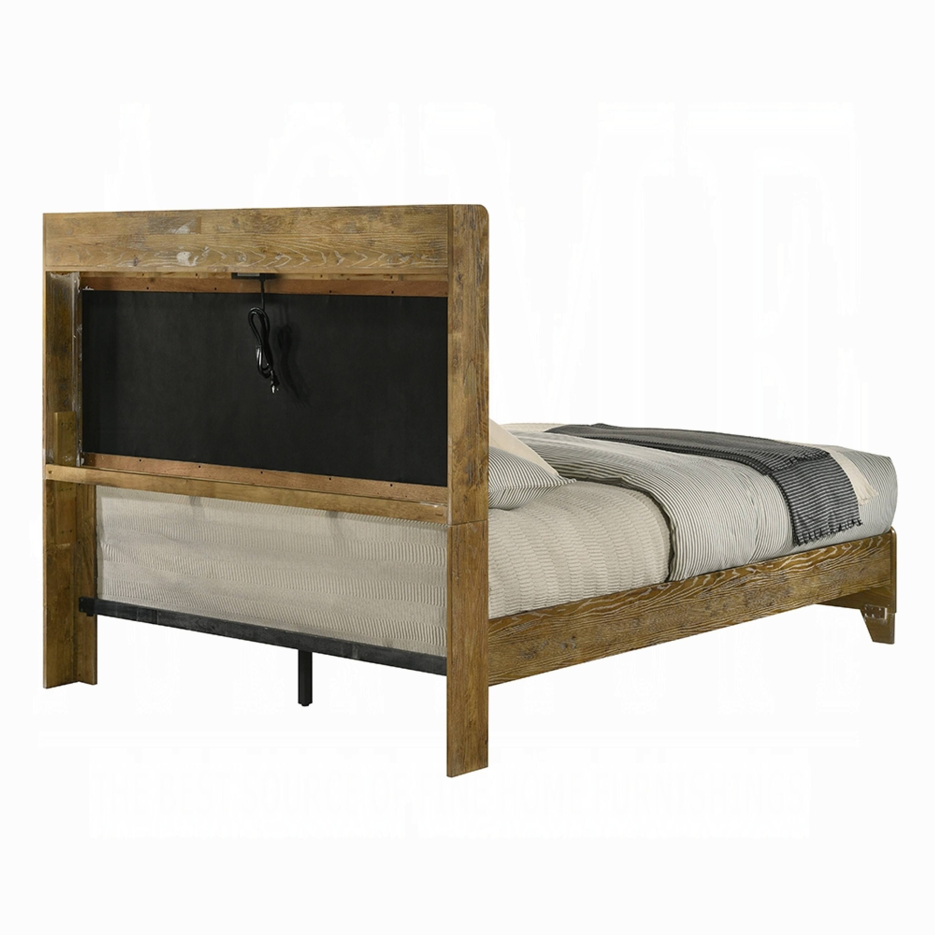 Alt View 3. Manhattan Lane - Gary Queen Size Bed with Tufted Headboard and USB Ports, Aspen Brown Wood - Light Aspen Brown, Gray.