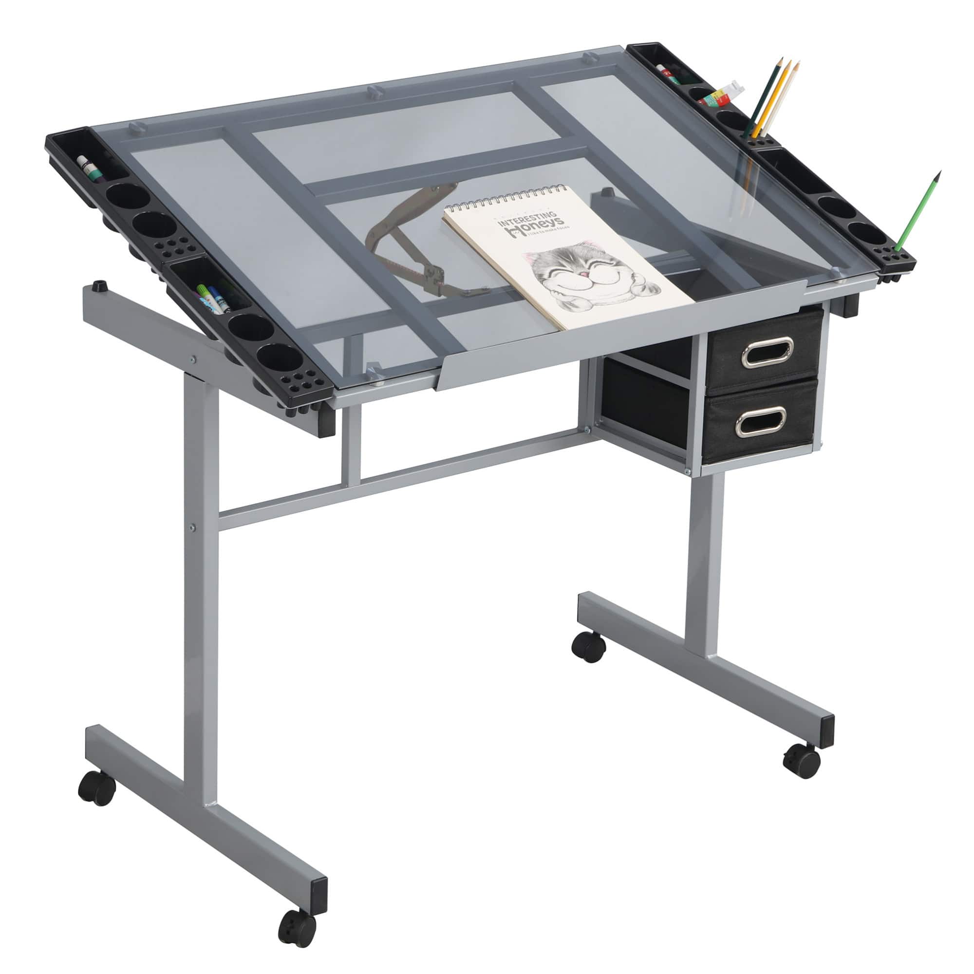 GOODSILO - Adjustable Glass Top Drafting Desk with Storage Drawers and Wheels for Artists and Crafters - Silver Grey