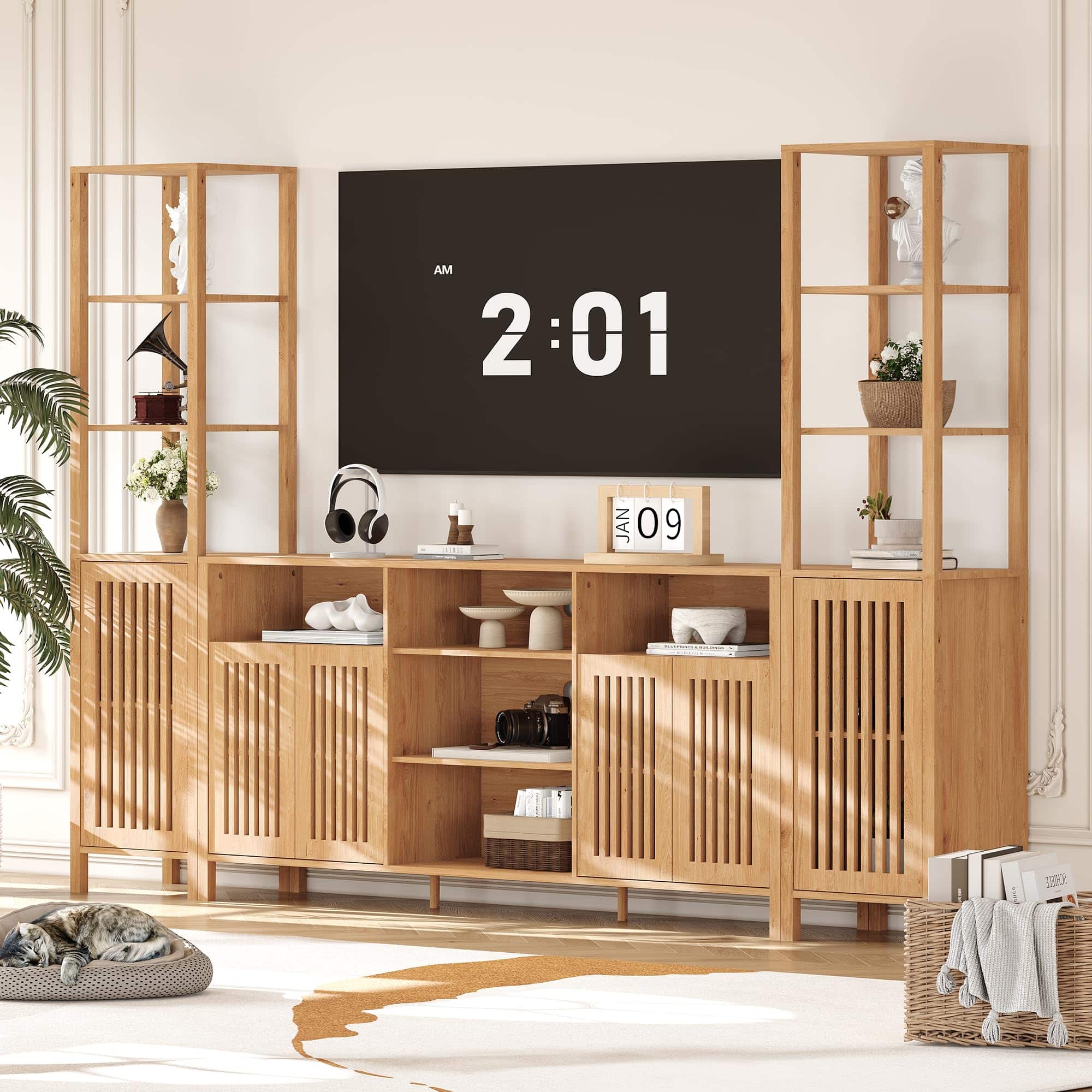 Jojoka - 3-Piece Large TV Stand for TVs up to 70", Entertainment Center with Modular Bookshelves Cabinet, Doors & Shelves - Natural