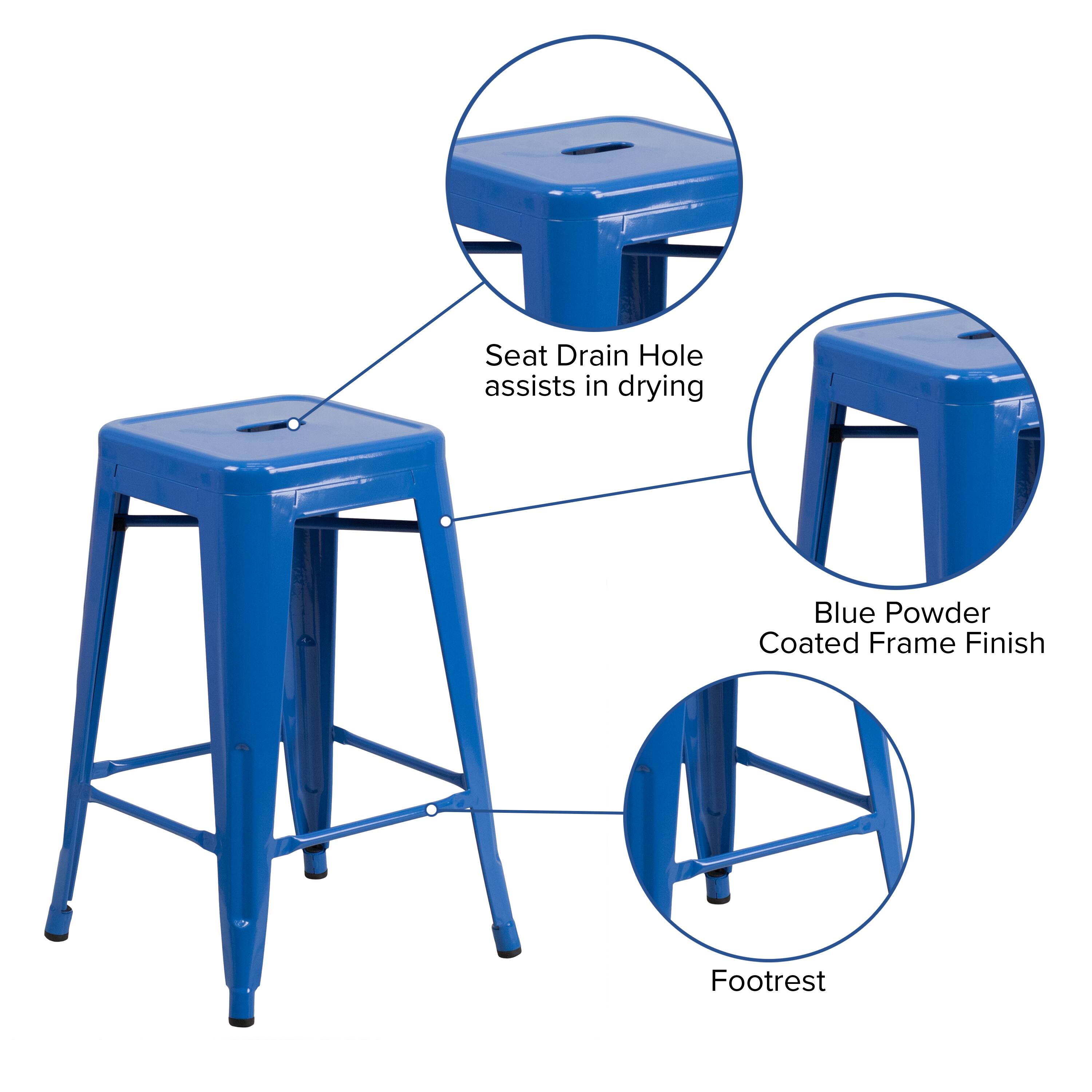 - Seat Drain Hole assists in drying
- Blue Powder Coated Frame Finish
- Footrest