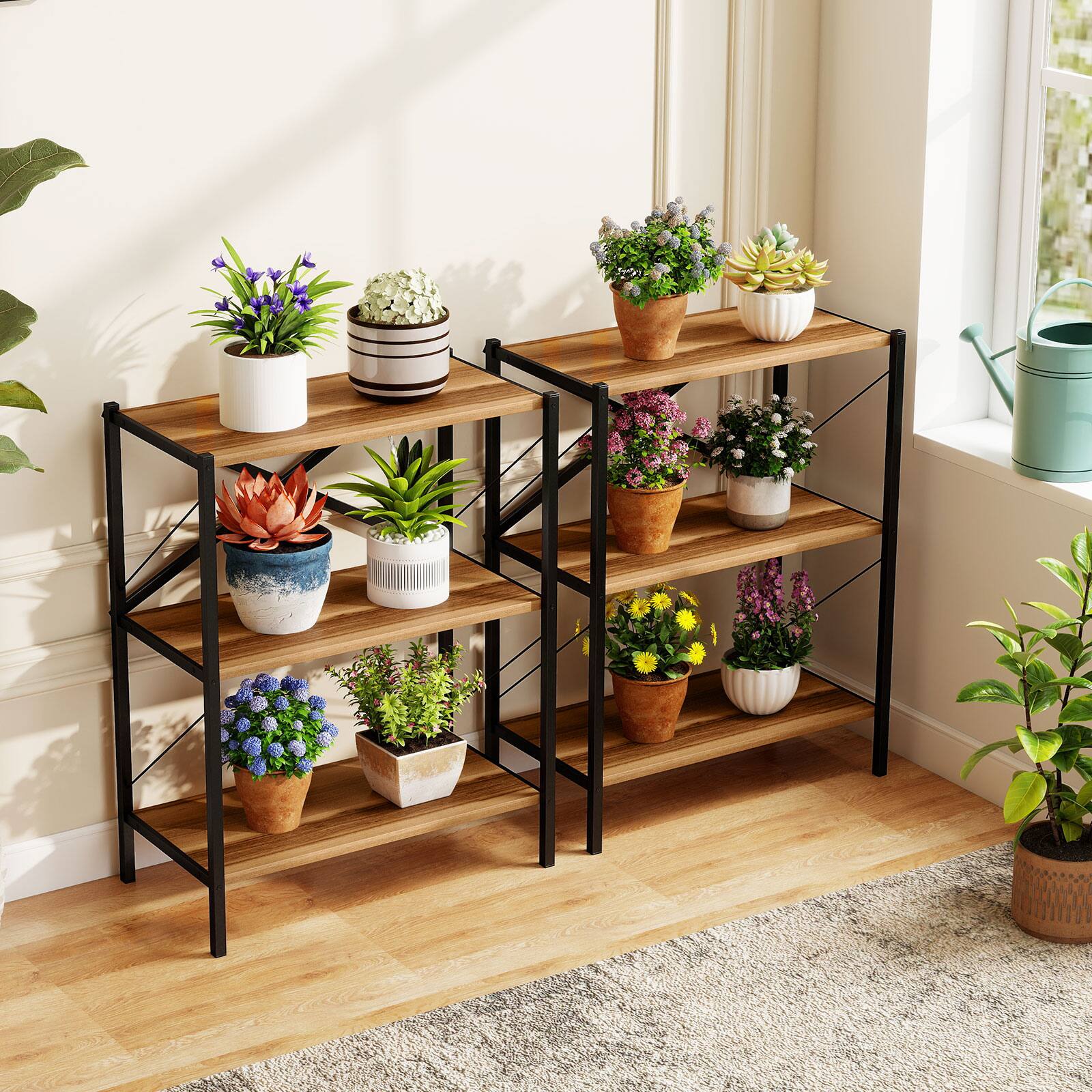 Alt View 1. Gymax - Gymax 2PCS 3-Tier Bookshelf Industrial Bookcase w/ Heavy-Duty Metal FrameBook Holder - Brown.