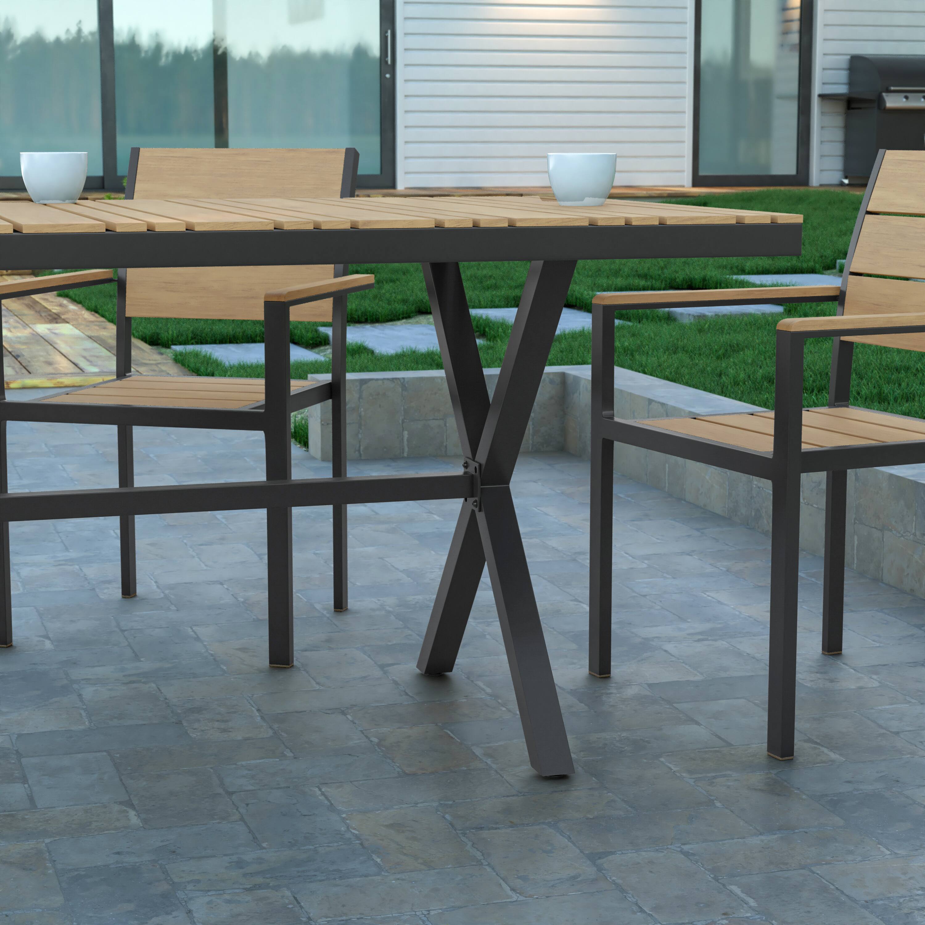 Alt View 4. Emma + Oliver - Fena 59" x 35.5" Outdoor X-Frame Dining Table with Faux Teak Poly Slat Top and Metal Frame - Natural Top/Gray Frame.