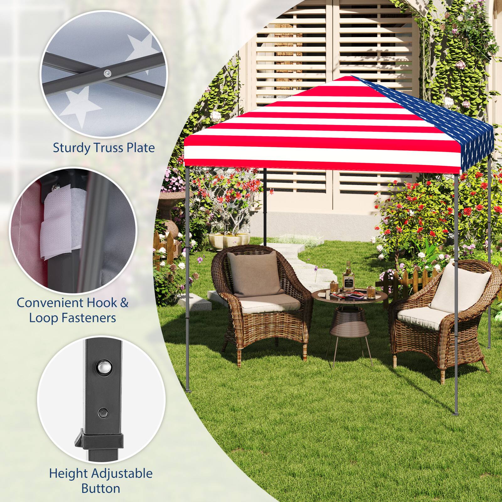 Sturdy Truss Plate, Convenient Hook & Loop Fasteners, Height Adjustable Button.