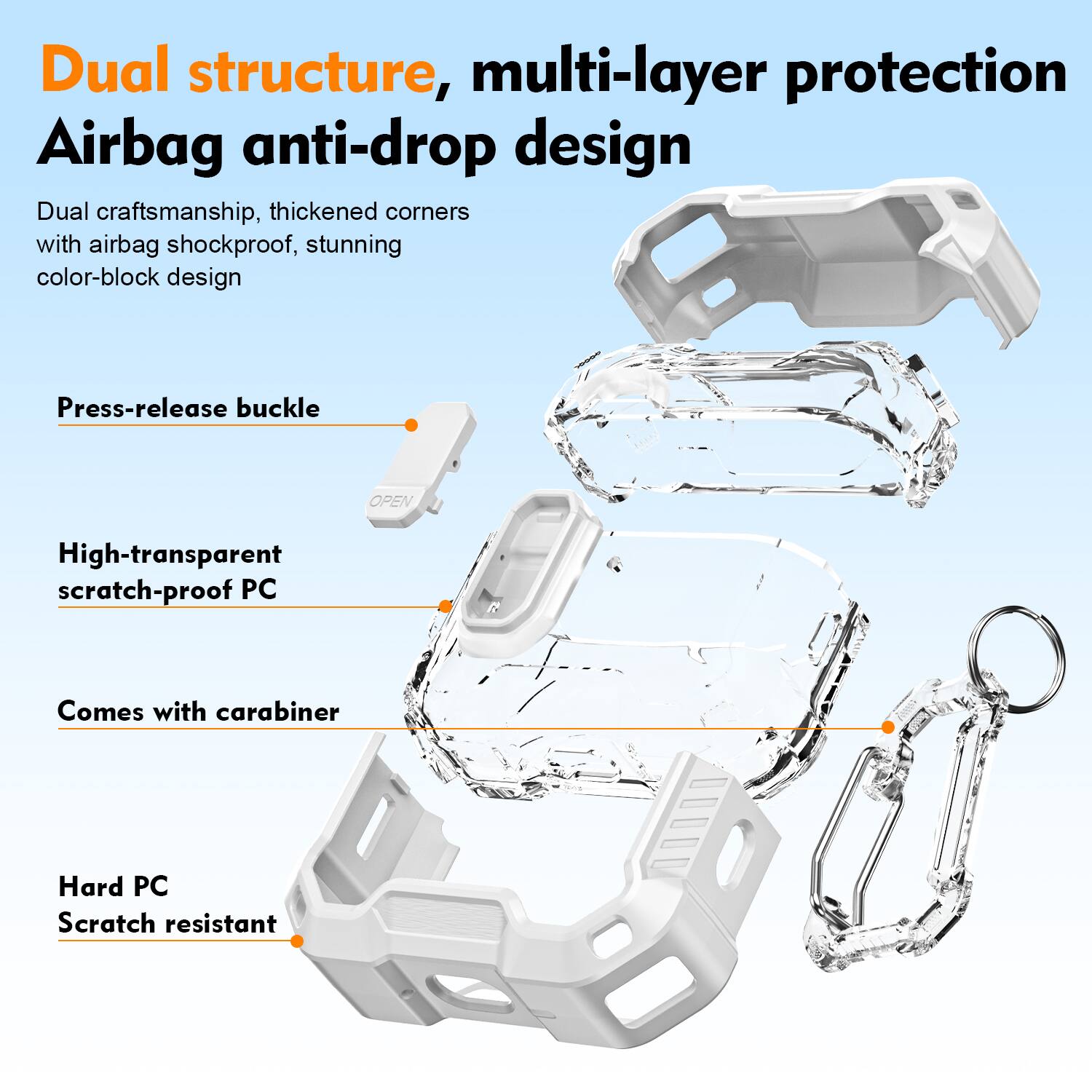Dual structure, multi-layer protection  
Airbag anti-drop design  
Dual craftsmanship, thickened corners with airbag shockproof, stunning color-block design  

Press-release buckle  
OPEN  

High-transparent scratch-proof PC  

Comes with carabiner  

Hard PC  
Scratch resistant