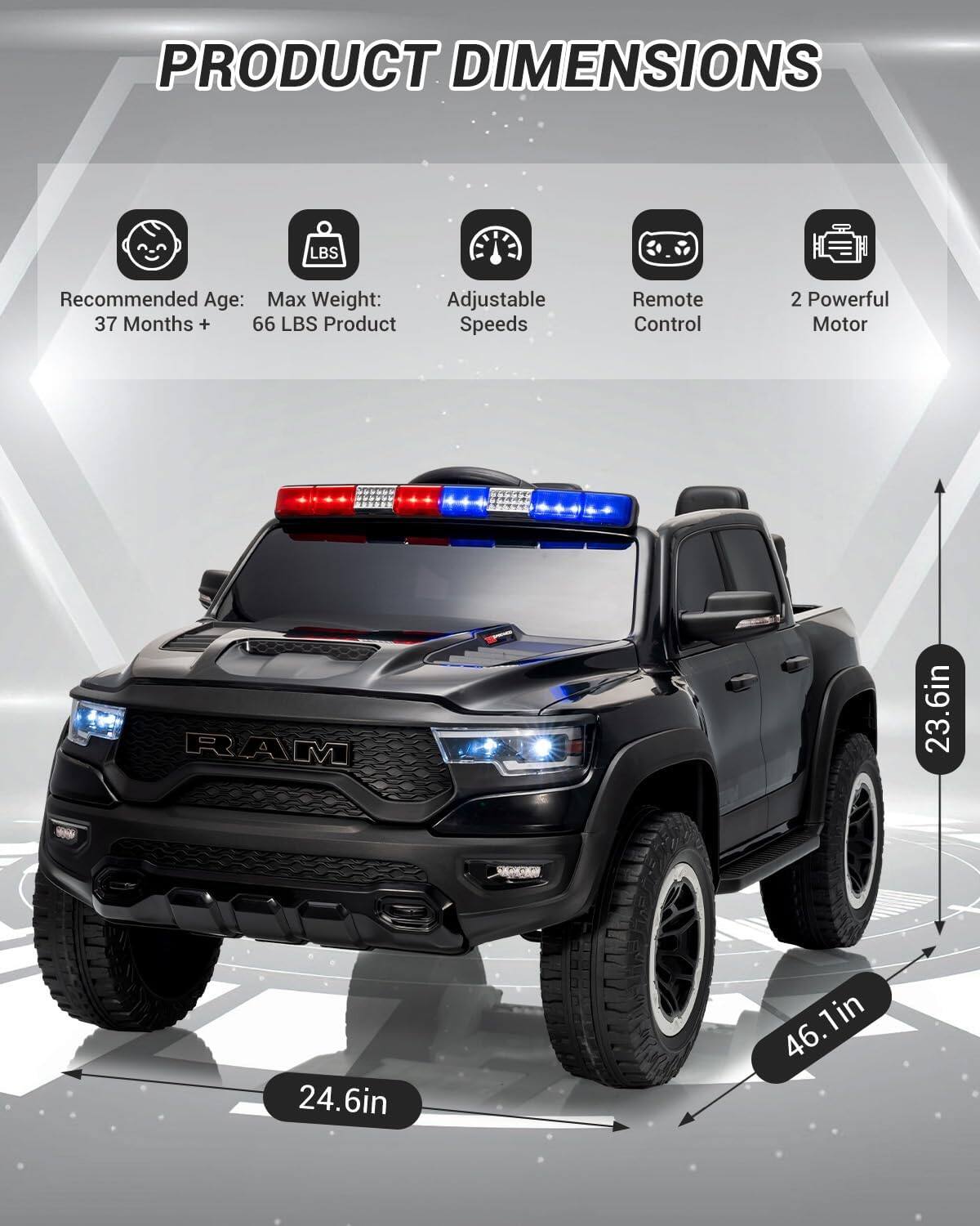 PRODUCT DIMENSIONS

- Recommended Age: 37 Months +
- Max Weight: 66 LBS
- Adjustable Speeds
- Remote Control
- 2 Powerful Motor

Dimensions:
- 23.6in
- 24.6in
- 46.1in