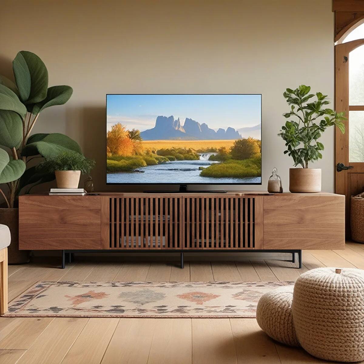 Alt View 1. luck idea - 94.48" Walnut Fluted TV Stand for TV Up to 100", Mid-Century Media Console with Storage Cabinets & Metal Legs - Brown.