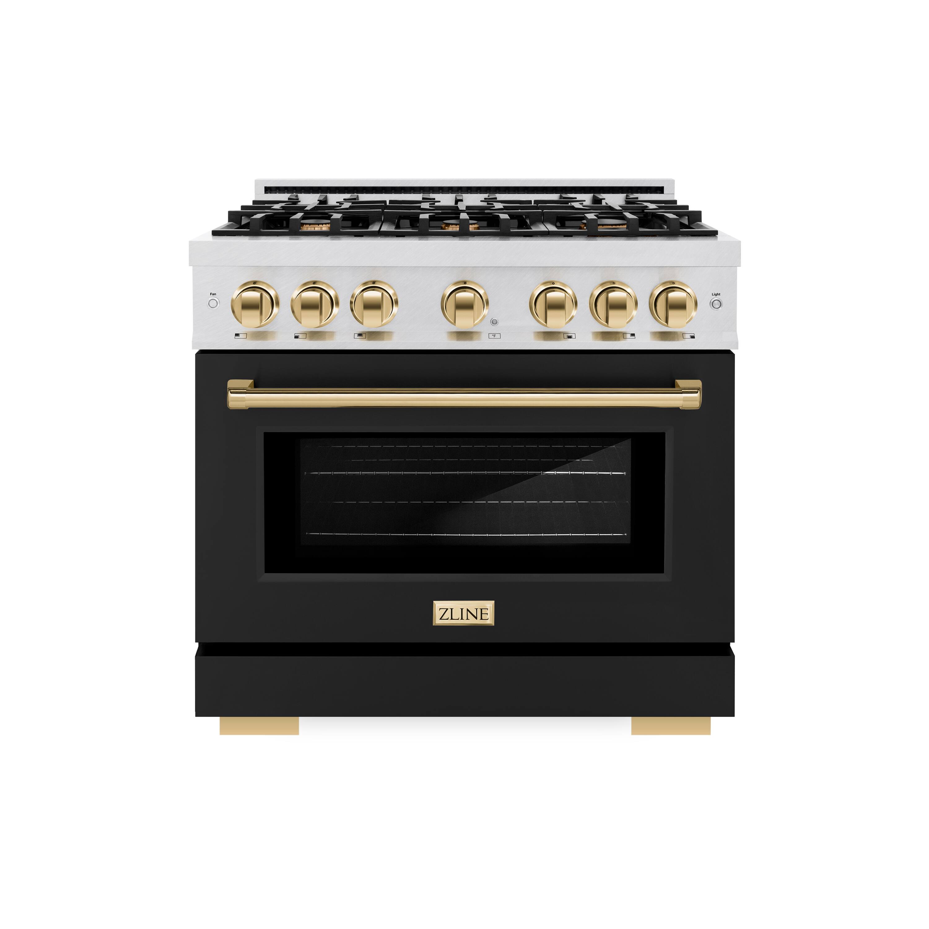 ZLINE - Autograph 36 in. Freestanding Select Satin Steel Gas Range w/ Black Door & Gold Accents - Satin Stainless Steel