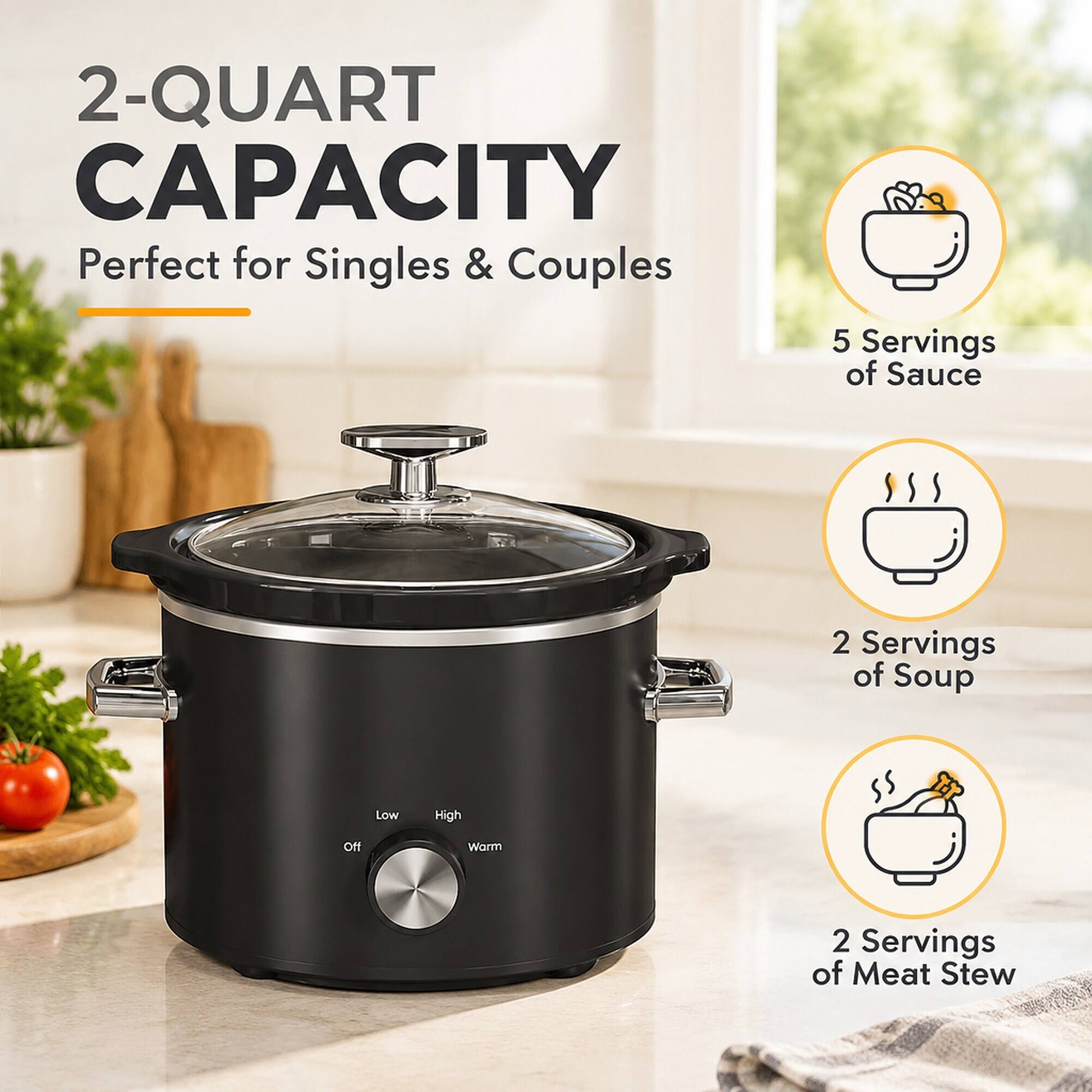 2-QUART CAPACITY  
Perfect for Singles & Couples  

5 Servings of Sauce  
2 Servings of Soup  
2 Servings of Meat Stew  

Low  
High  
Off  
Warm