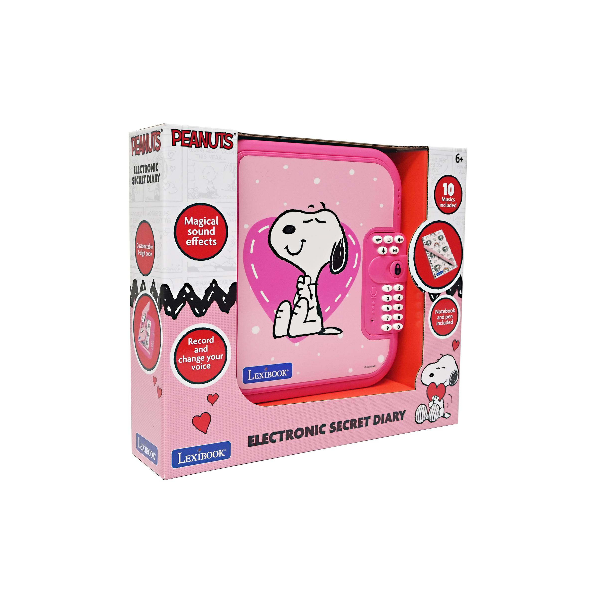 PEANUTS  
ELECTRONIC SECRET DIARY  

Magical sound effects  
Record and change your voice  

10 Musics included  
Notebook and pen included  

LEXIBOOK