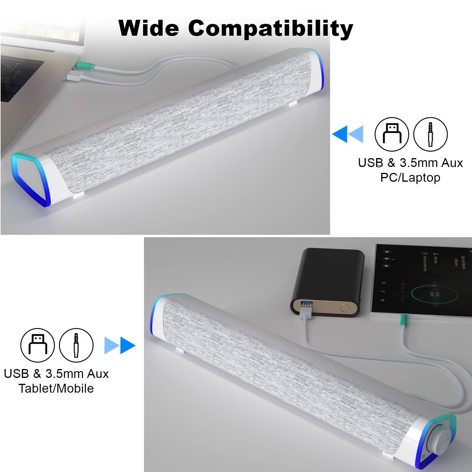 Wide Compatibility

USB & 3.5mm Aux PC/Laptop

USB & 3.5mm Aux Tablet/Mobile
