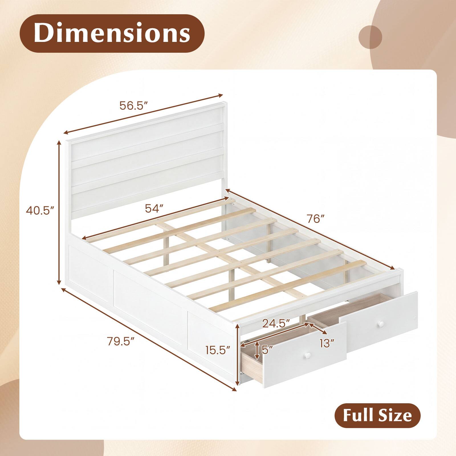 Dimensions: 56.5" x 40.5" x 54" x 76" x 79.5" x 15.5" x 24.5" x 15" x 5" x 13"  
Full Size