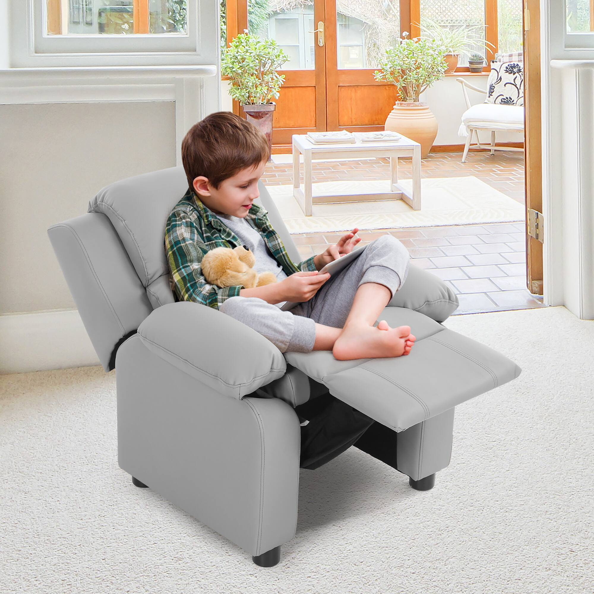 Alt View 3. Gymax - Gymax Deluxe Padded Kids Sofa Armchair Recliner Headrest Children w/ Storage Arms Gray - Grey.