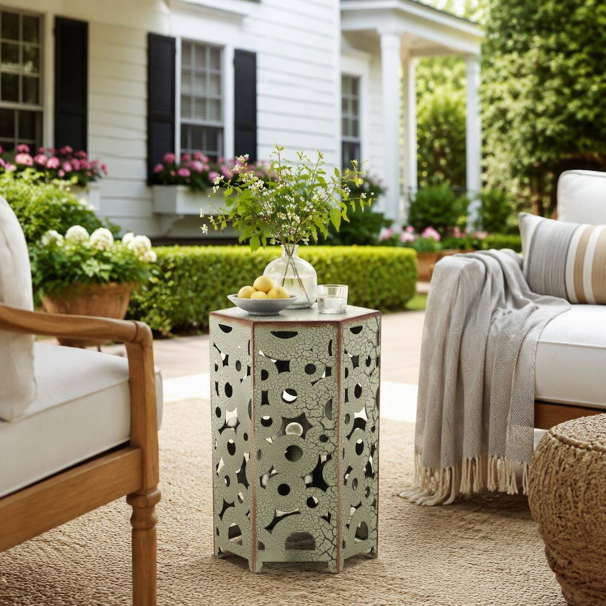 Back. RYHNUYNE - 2-Piece Outdoor Metal Nesting Side Tables, Decorative Cutout Accent Furniture for Patio Garden Porch - Antique Green.
