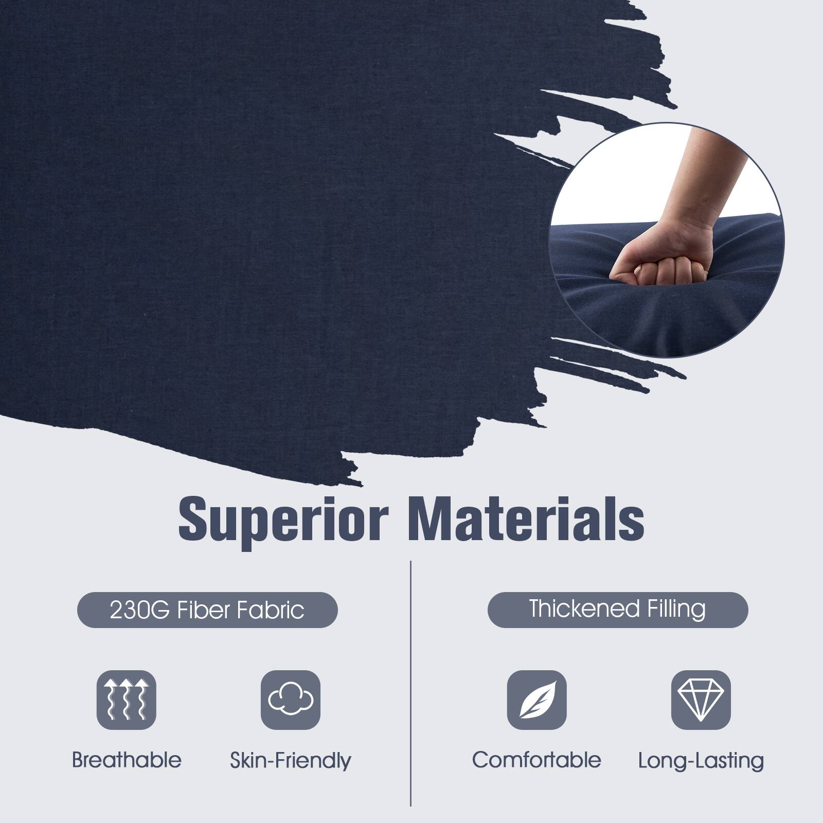 Superior Materials

230G Fiber Fabric  
Breathable  
Skin-Friendly  

Thickened Filling  
Comfortable  
Long-Lasting