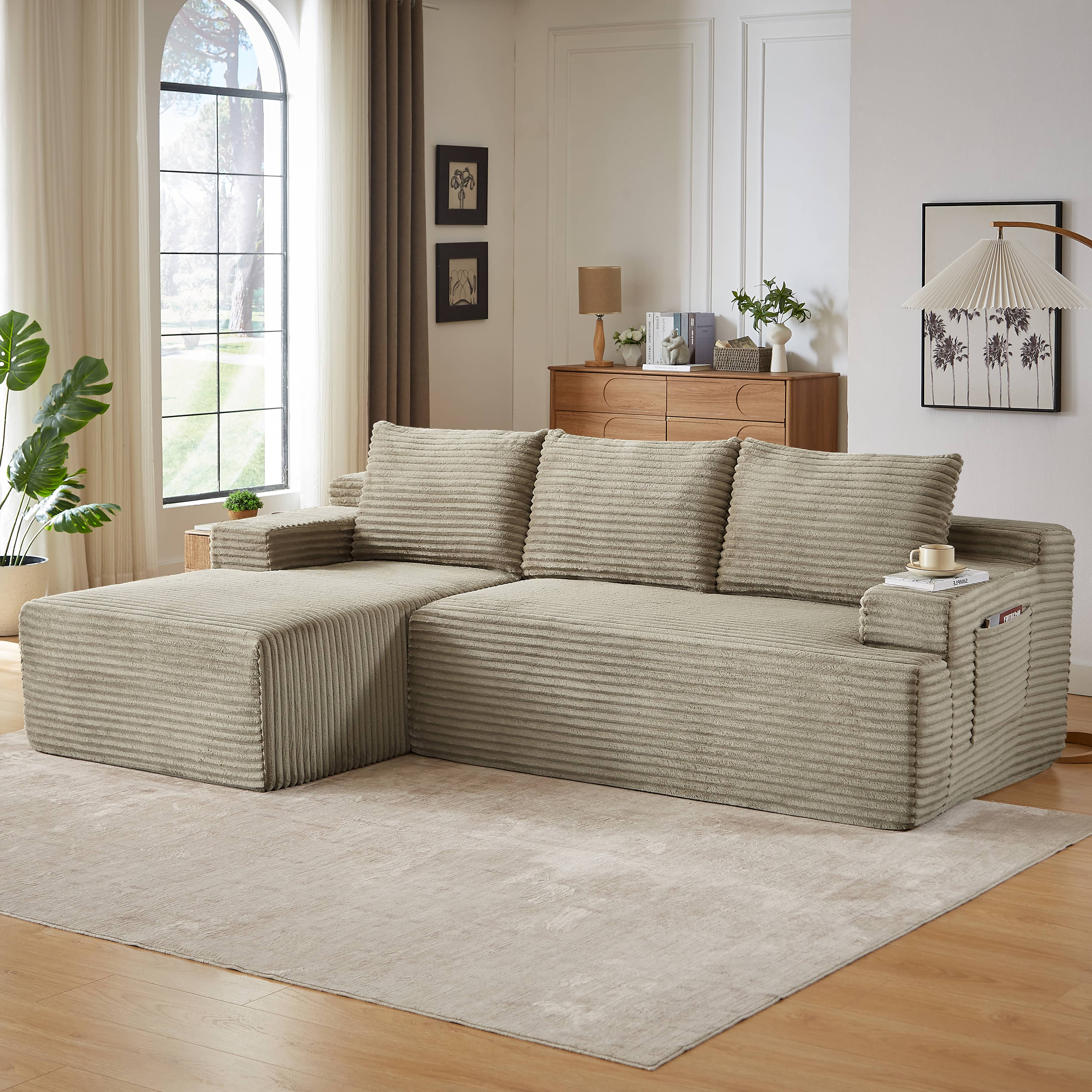Alt View 1. Anysun - Anysun L-Shaped Left-Facing Modular Classic Corduroy Fabric Striped Sectional Sofa with Deep Seat - Camel.