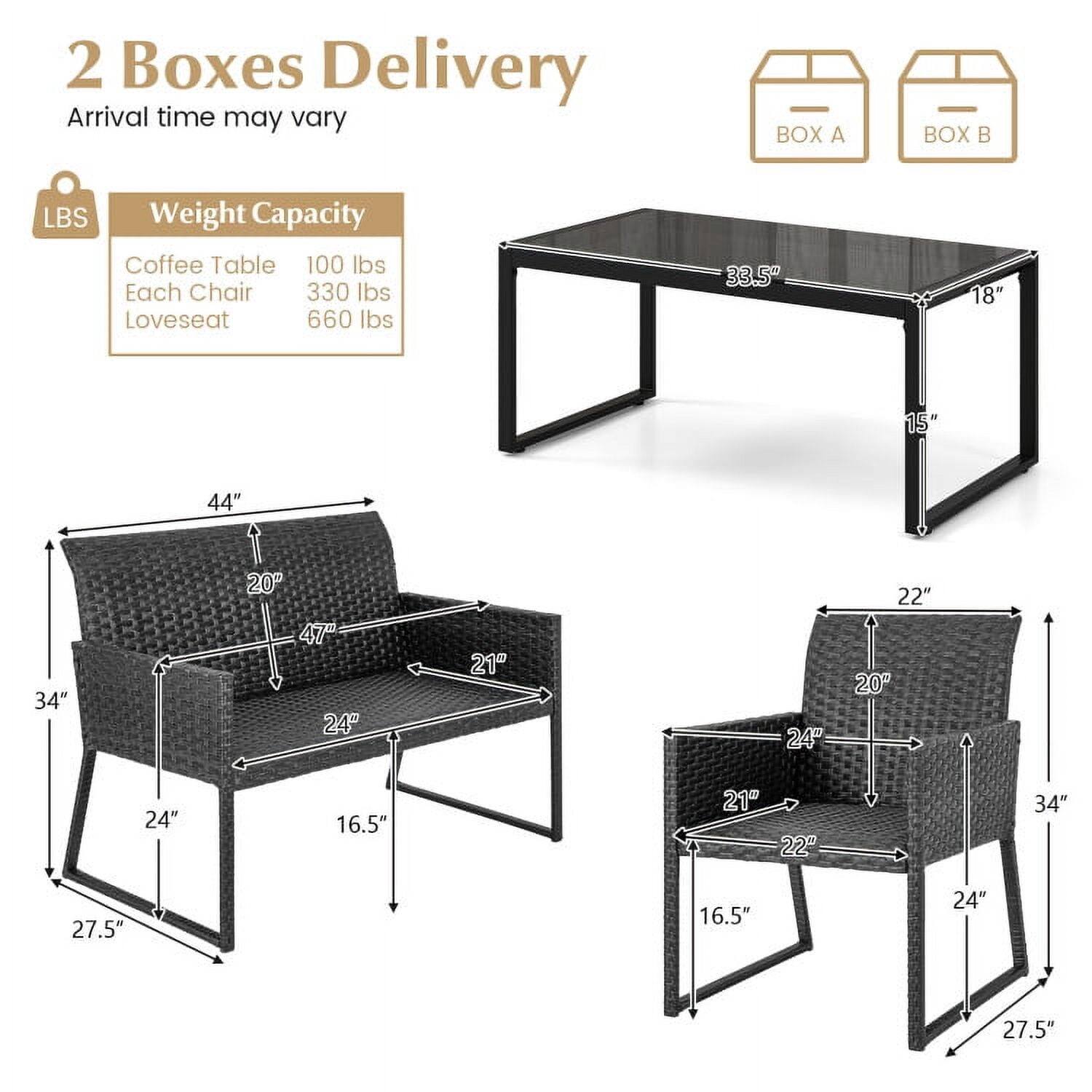 2 Boxes Delivery  
Arrival time may vary  

Weight Capacity  
- Coffee Table: 100 lbs  
- Each Chair: 330 lbs  
- Loveseat: 660 lbs  

Dimensions:  
- Coffee Table: 44" x 33.5" x 18" x 15"  
- Loveseat: 47" x 34" x 21" x 24" x 27.5" x 16.5"  
- Chair: 24" x 21" x 22" x 20" x 34" x 27.5"