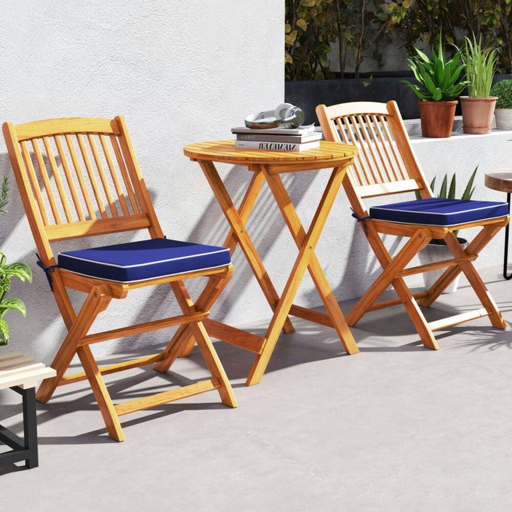 Alt View 7. Pefilos - 3 Pieces Acacia Wood Patio Folding Bistro Set with SoFeet Cushions, Patio Conversation Set for Outdoor, Navy - Blue.