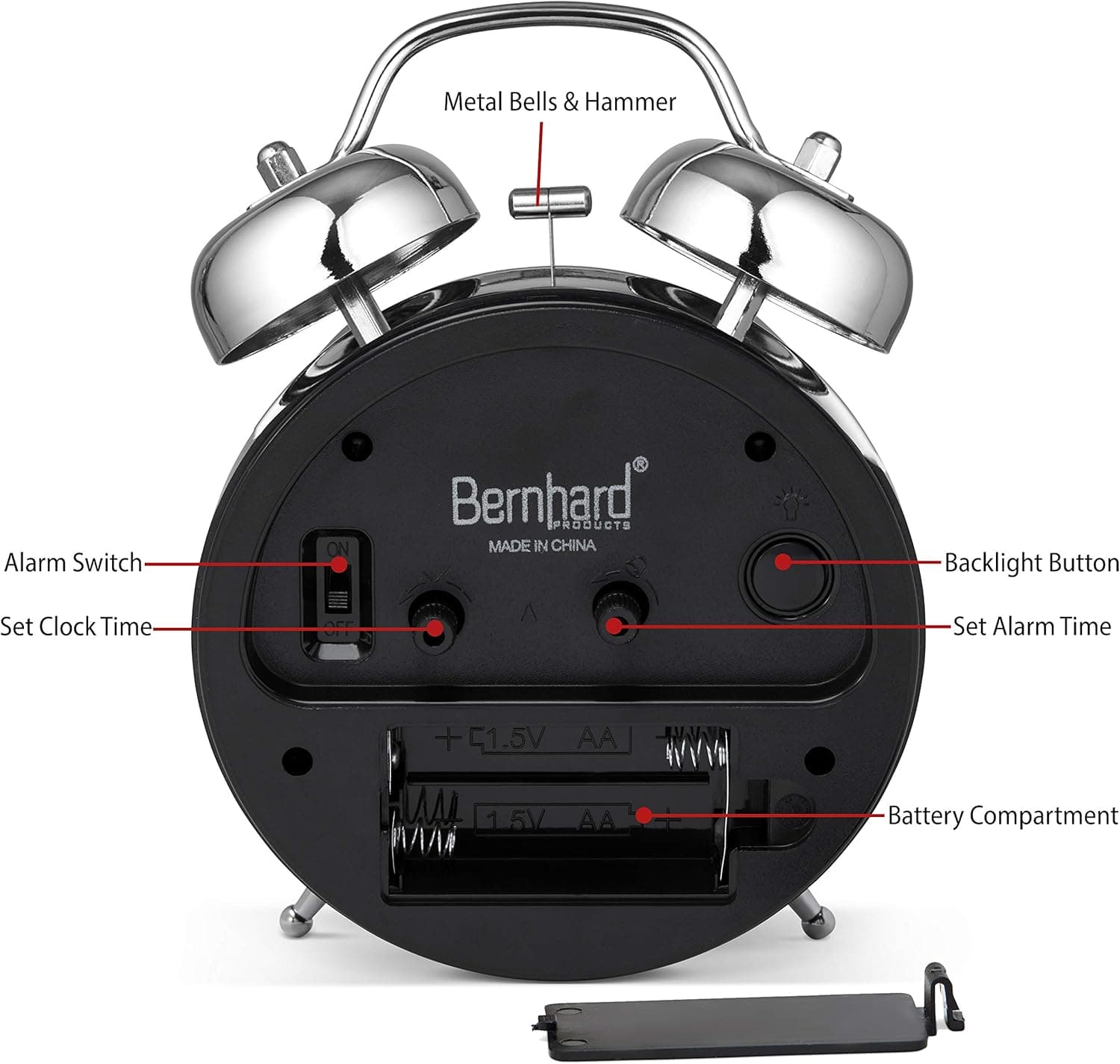 Metal Bells & Hammer  
Alarm Switch ON  
Backlight Button  
Set Clock Time  
Set Alarm Time  
Battery Compartment  
MADE IN CHINA  
1.5V AA  
1.5V AA
