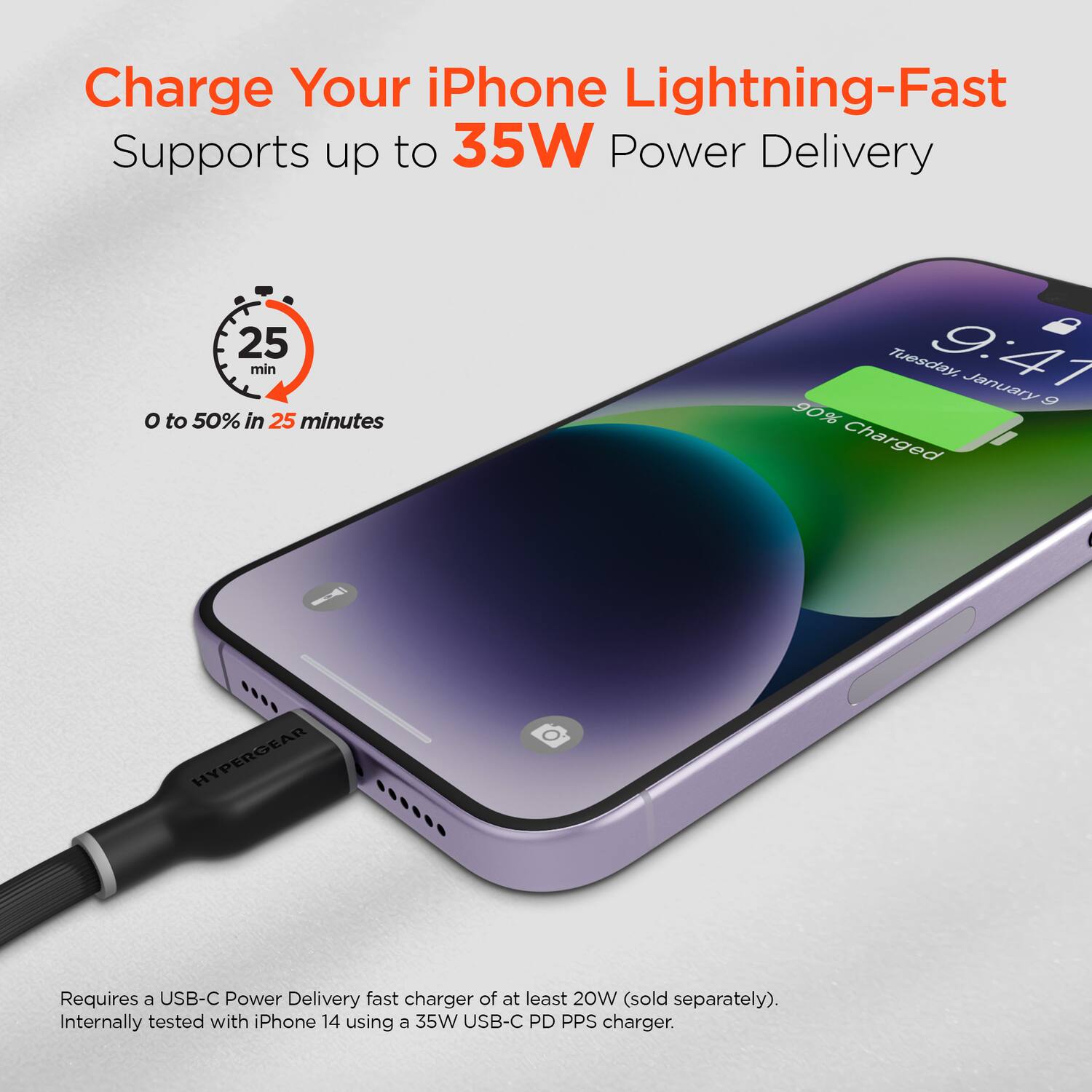 Charge Your iPhone Lightning-Fast  
Supports up to 35W Power Delivery  

0 to 50% in 25 minutes  

Requires a USB-C Power Delivery fast charger of at least 20W (sold separately).  
Internally tested with iPhone 14 using a 35W USB-C PD PPS charger.
