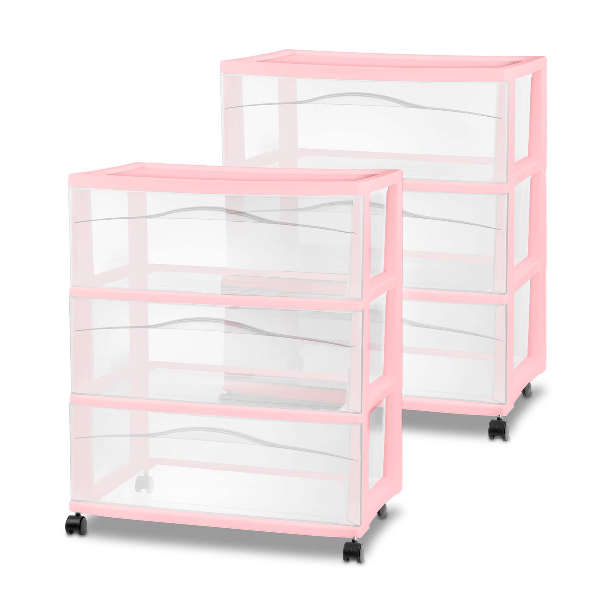 Sterilite - Wide 3 Drawer Storage Cart, Plastic Rolling Organization, 2 Pack - Pink