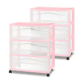 Sterilite - Wide 3 Drawer Storage Cart, Plastic Rolling Organization, 2 Pack - Pink